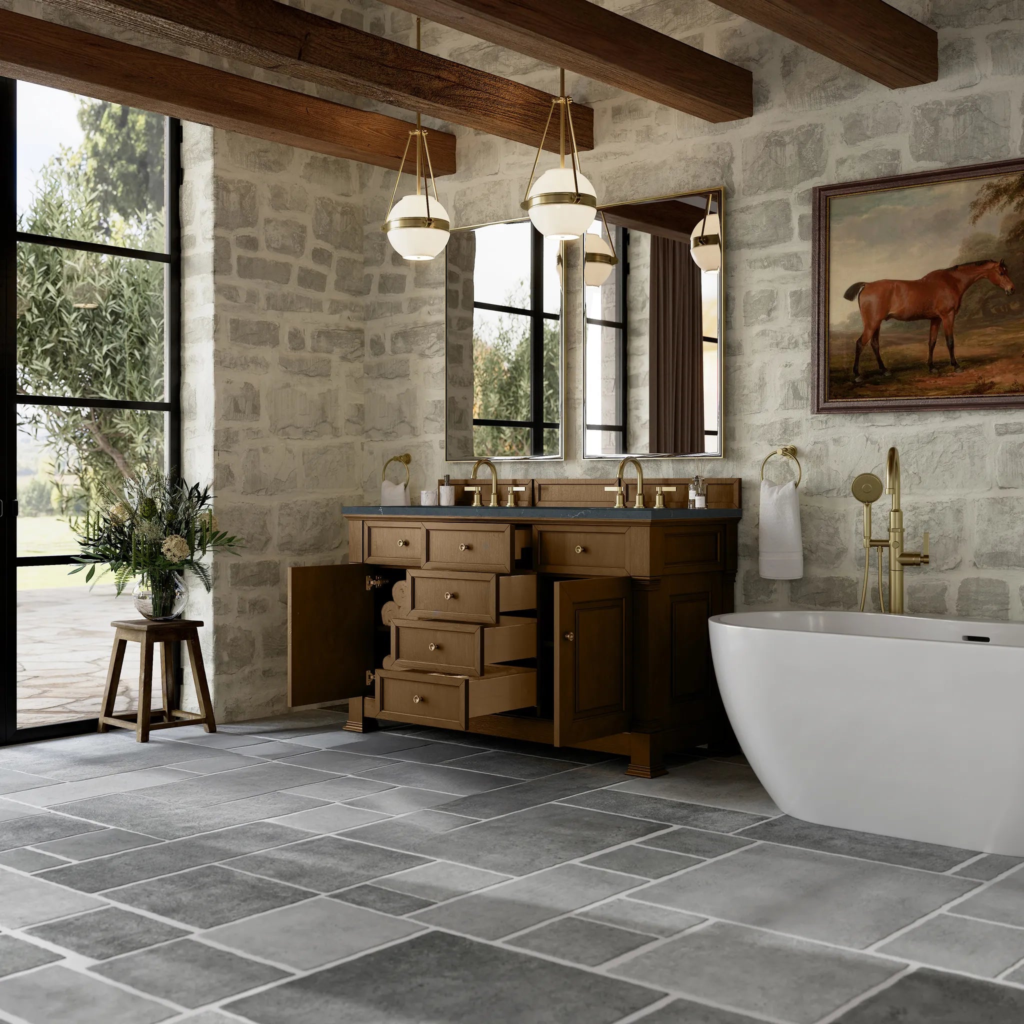 60" Brookfield Double Vanity in Honey Oak-Charcoal Soapstone Silestone-8" Widespread image 4