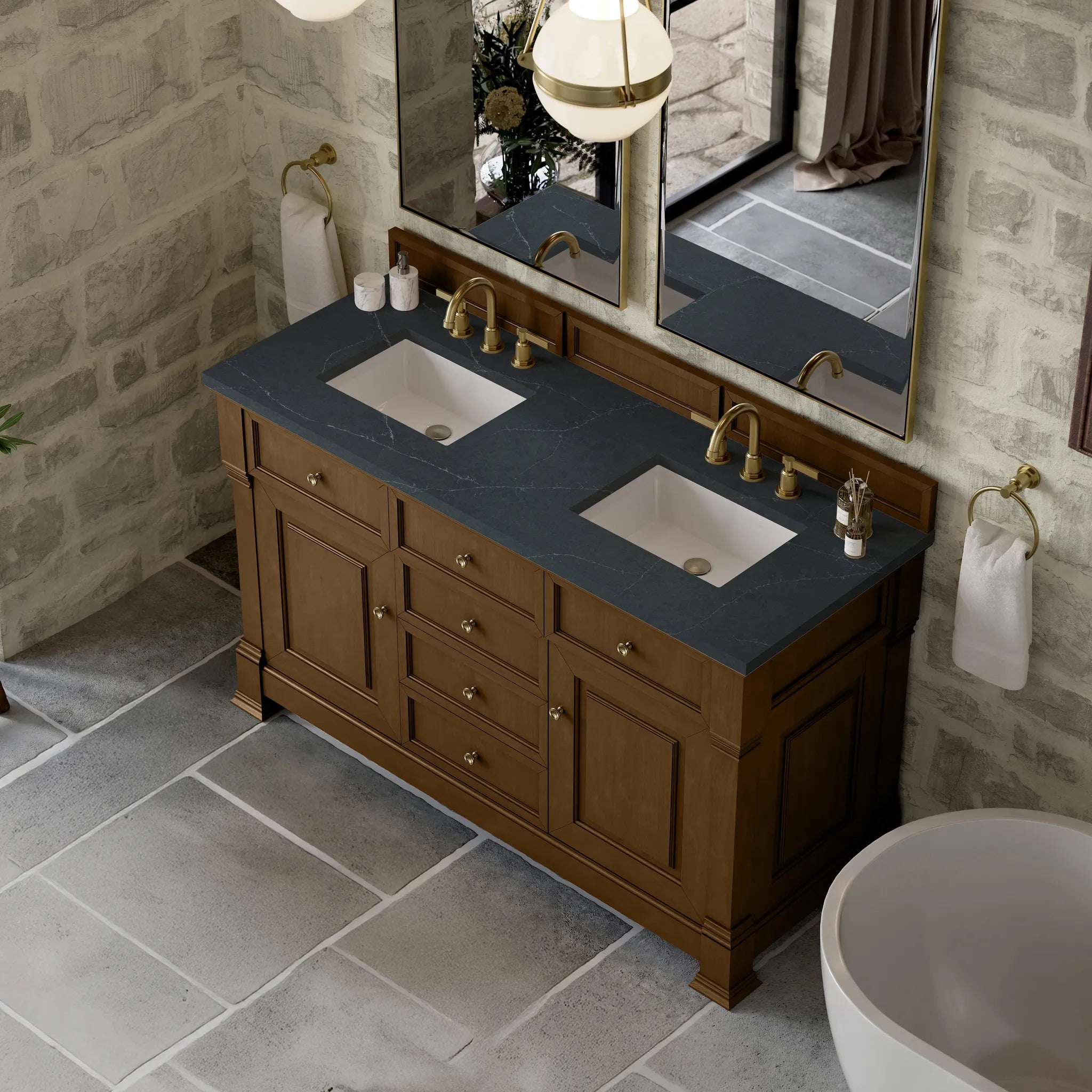 60" Brookfield Double Vanity in Honey Oak-Charcoal Soapstone Silestone-8" Widespread image 6