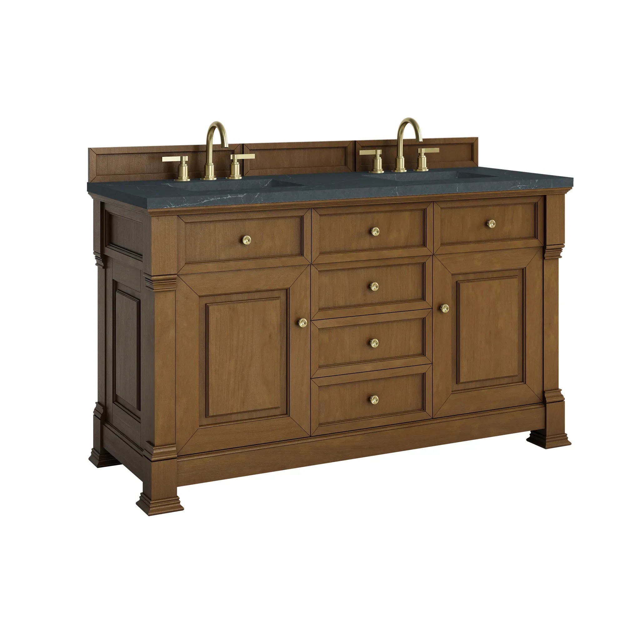 60" Brookfield Double Vanity in Honey Oak-Charcoal Soapstone Silestone-8" Widespread image 9