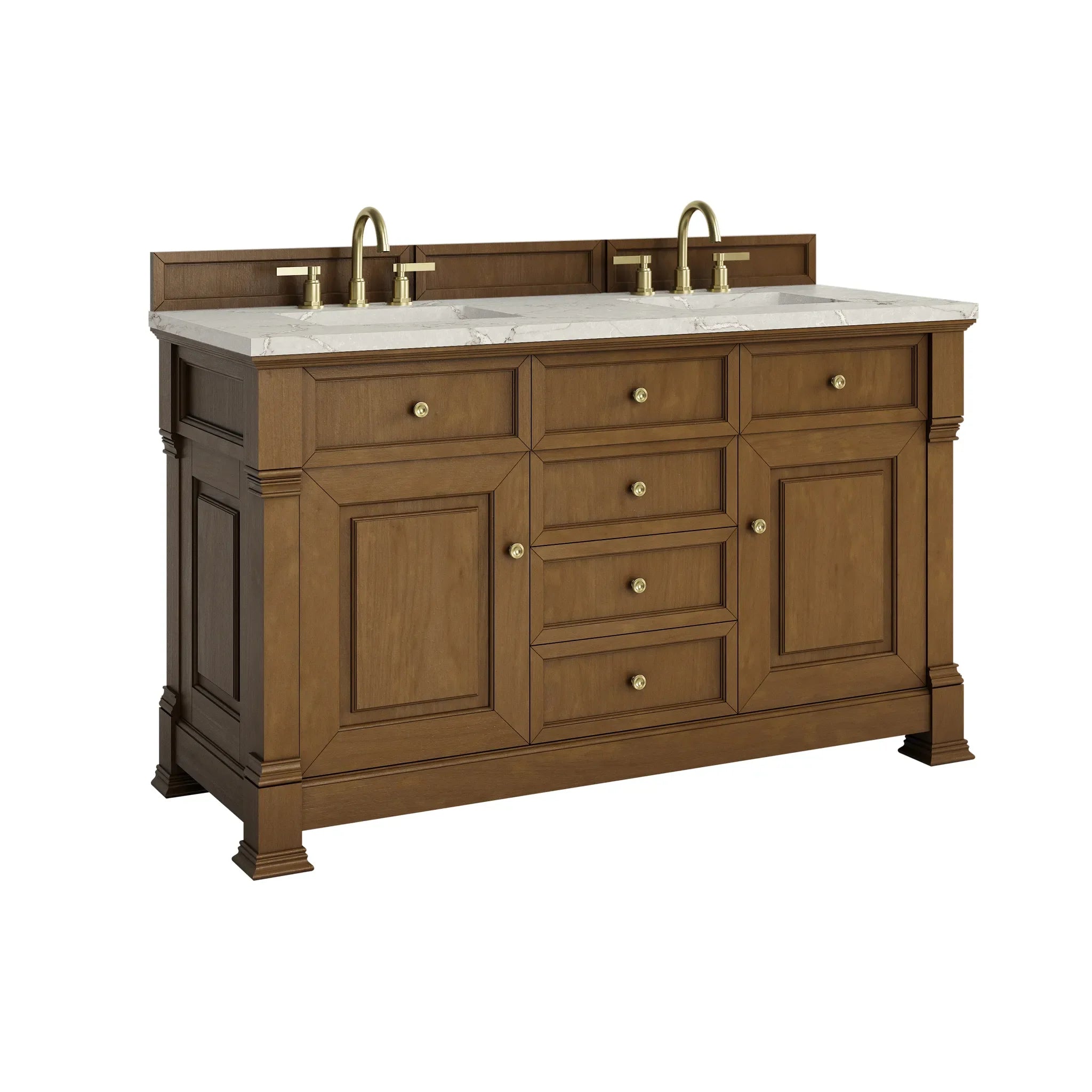 60" Brookfield Double Vanity in Honey Oak-Victorian Silver Silestone-8" Widespread image 9
