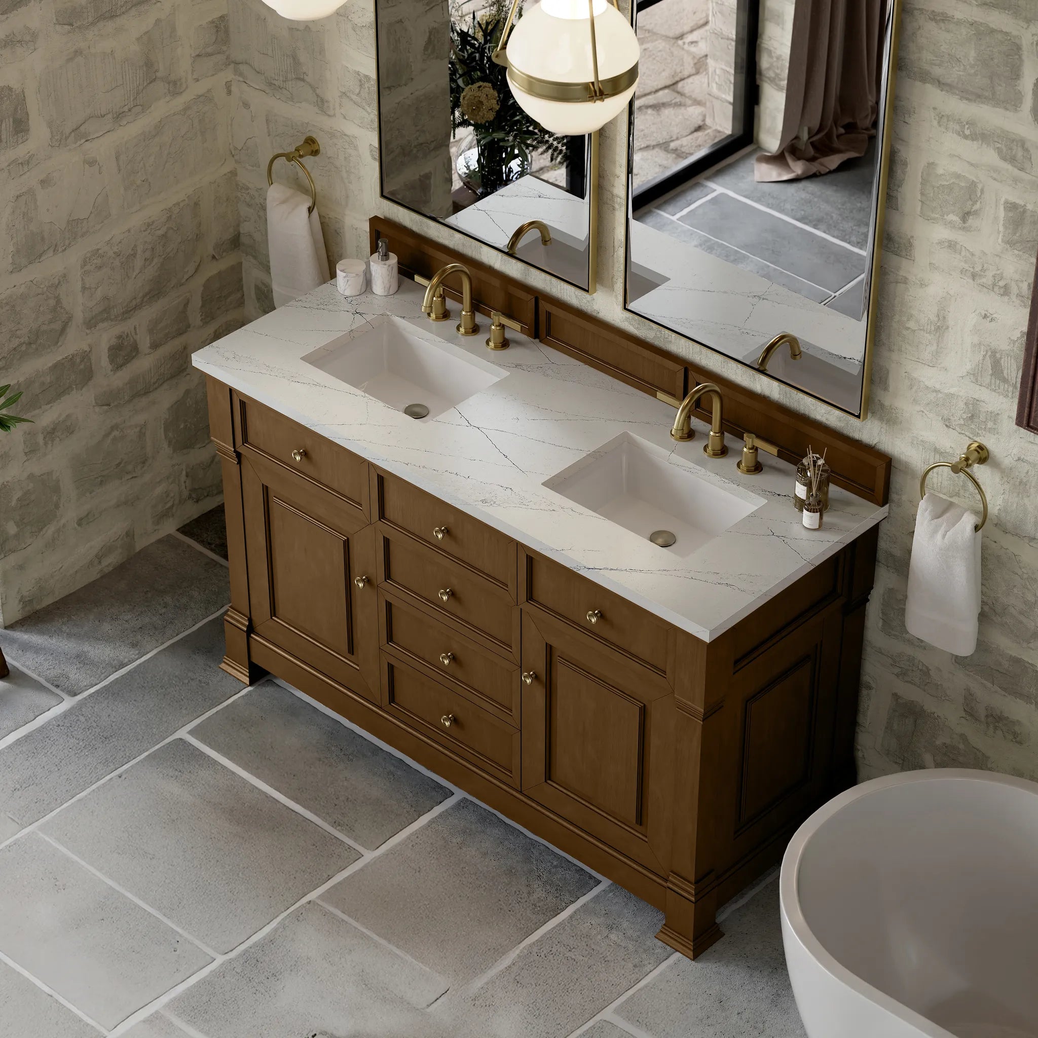 60" Brookfield Double Vanity in Honey Oak w/FreePower Wireless Charger-Ethereal Noctis Silestone-8" Widespread image 9