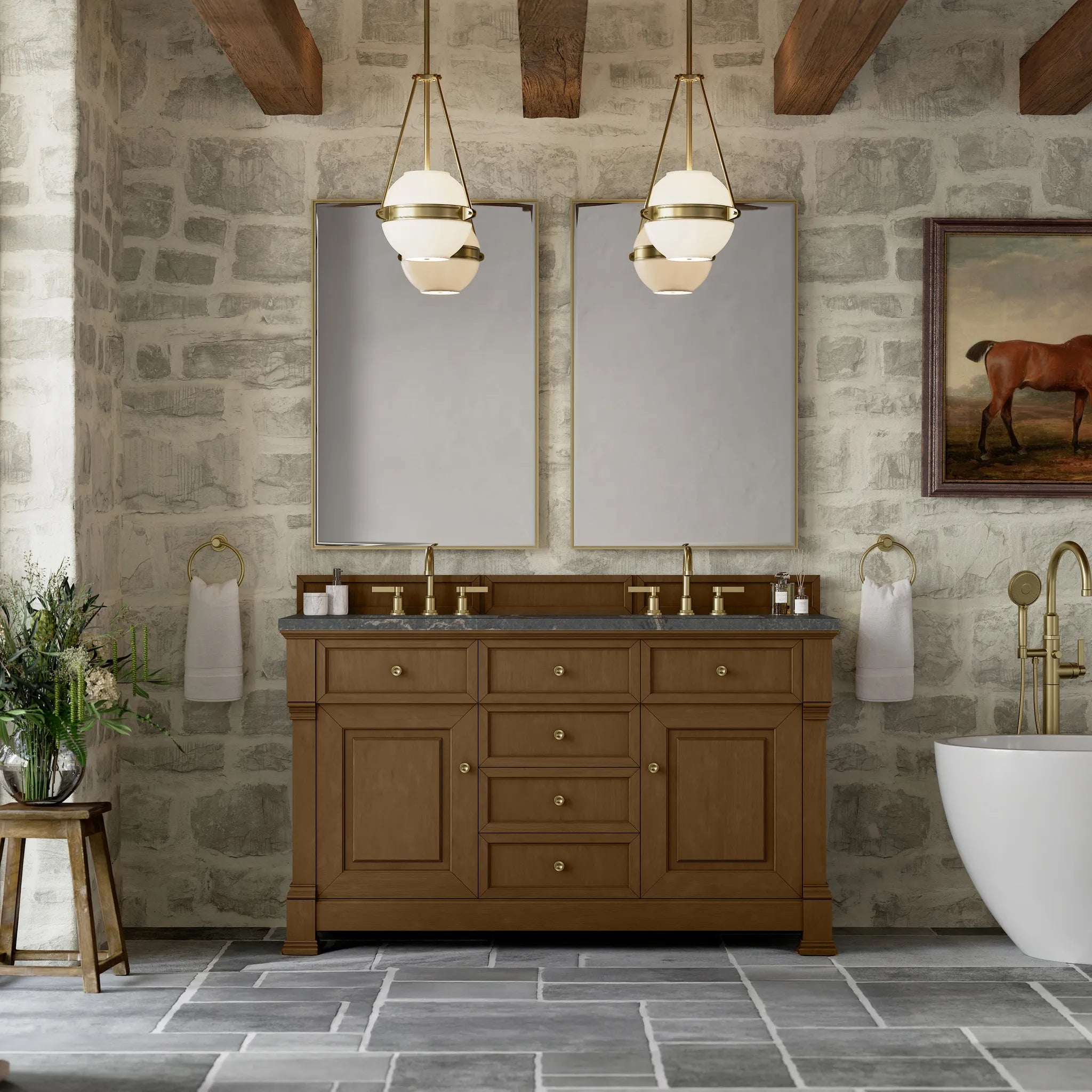 60" Brookfield Double Vanity in Honey Oak w/FreePower Wireless Charger-Parisien Bleu Silestone-8" Widespread image 5