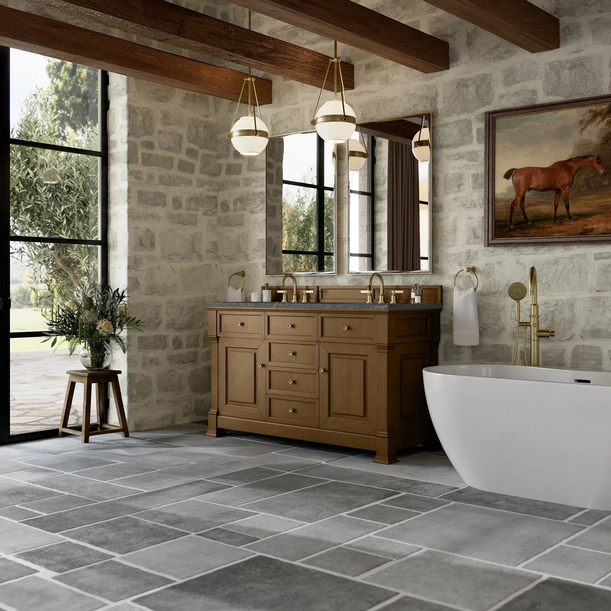 60" Brookfield Double Vanity in Honey Oak w/FreePower Wireless Charger-Parisien Bleu Silestone-8" Widespread image 6