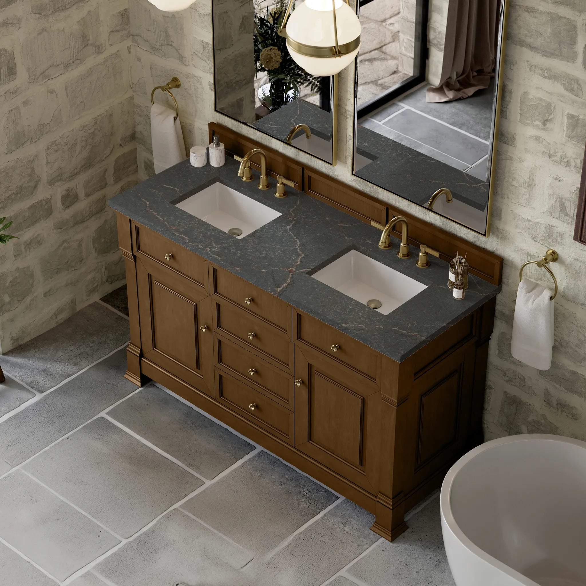 60" Brookfield Double Vanity in Honey Oak w/FreePower Wireless Charger-Parisien Bleu Silestone-8" Widespread image 9