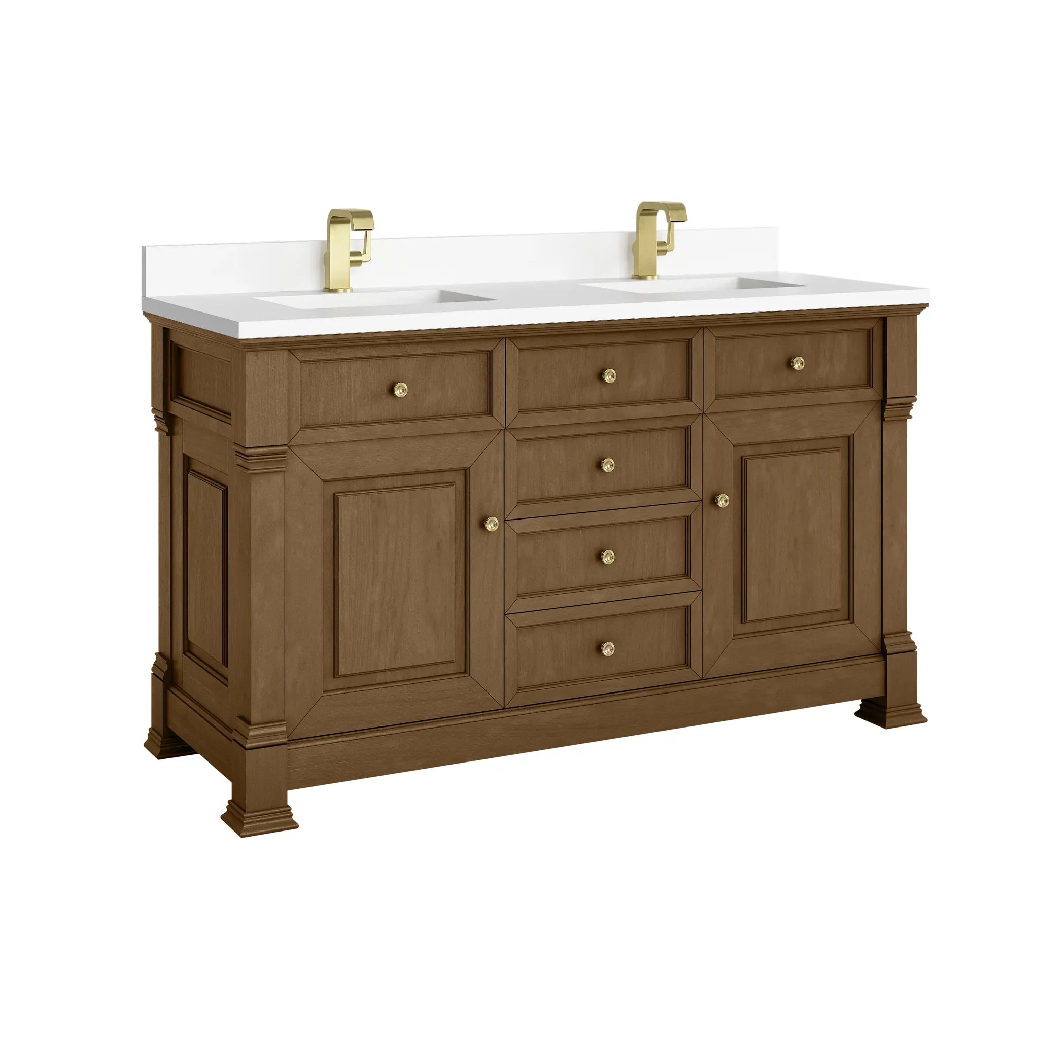 60" Brookfield Double Vanity in Honey Oak-White Zeus Silestone & Backsplash-Single Hole image 8