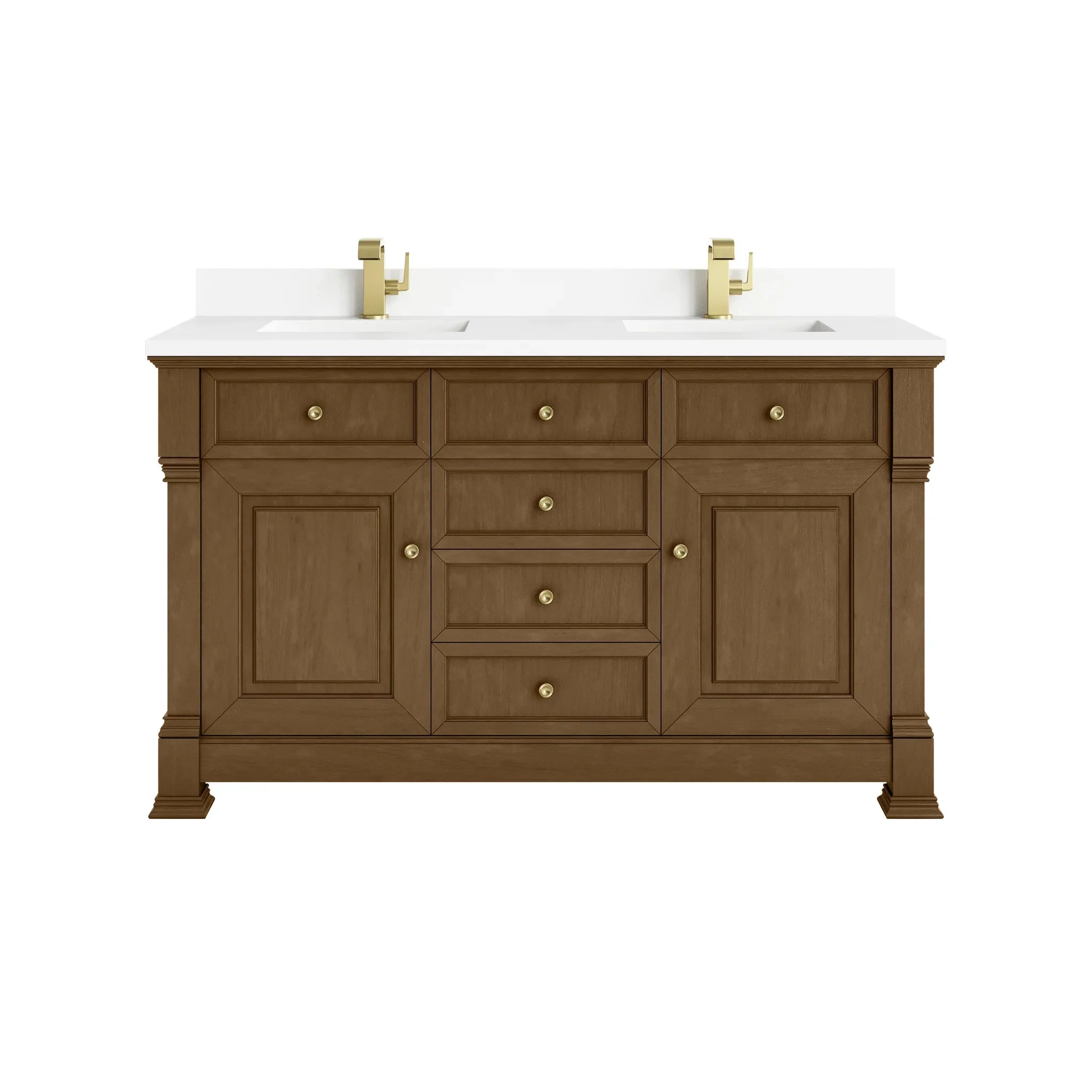 60" Brookfield Double Vanity in Honey Oak-White Zeus Silestone & Backsplash-Single Hole image