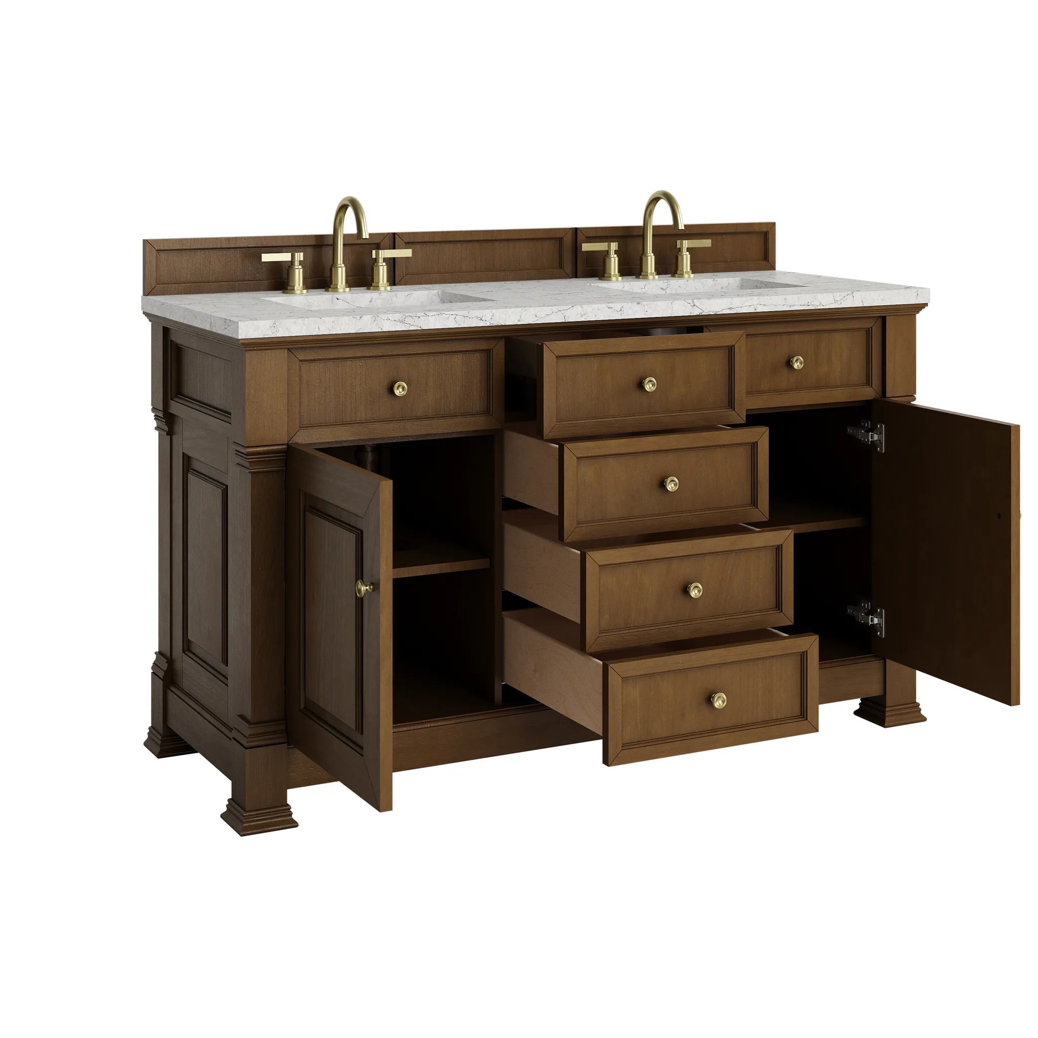 60" Brookfield Double Vanity in Honey Oak Wireless Charger-Eternal Jasmine Pearl Silestone-8" Widespread image 10