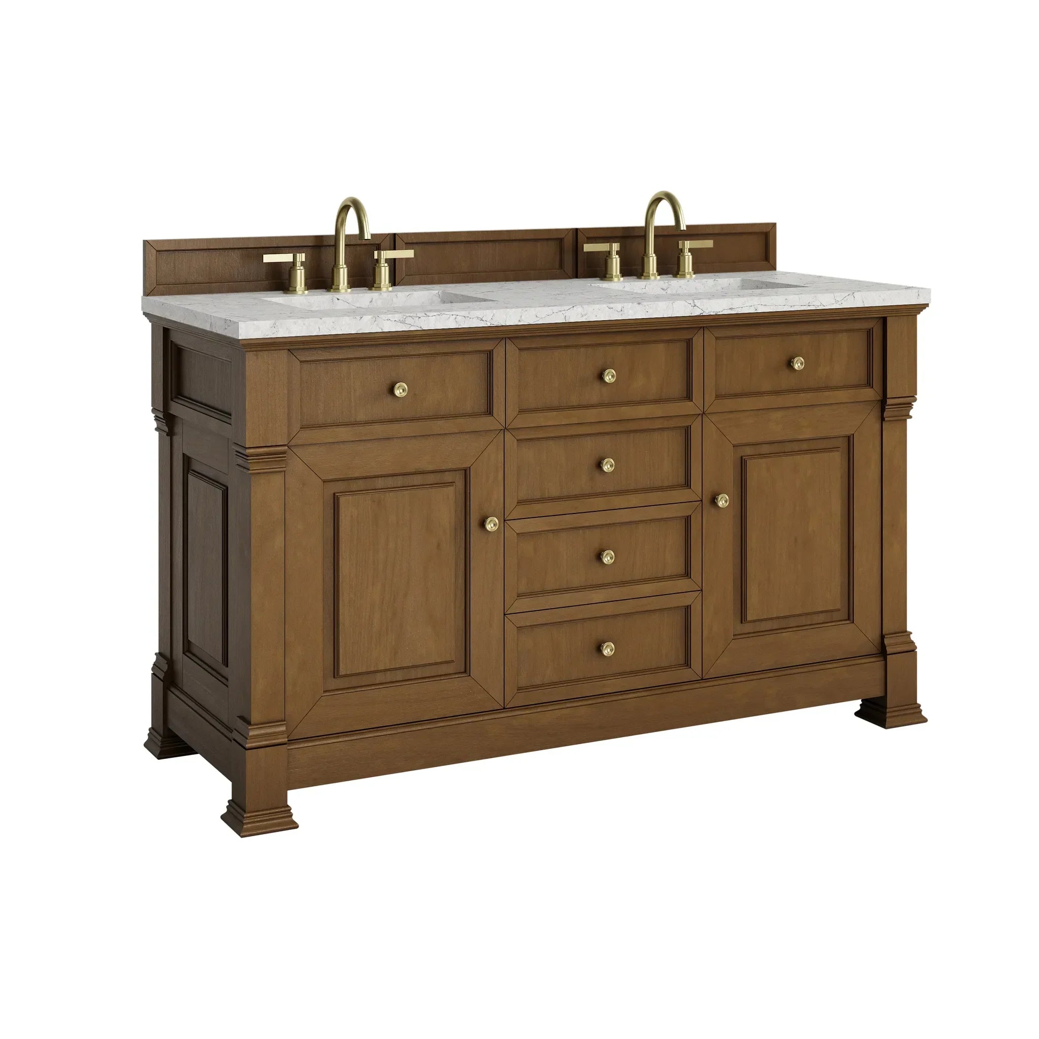 60" Brookfield Double Vanity in Honey Oak Wireless Charger-Eternal Jasmine Pearl Silestone-8" Widespread image 12
