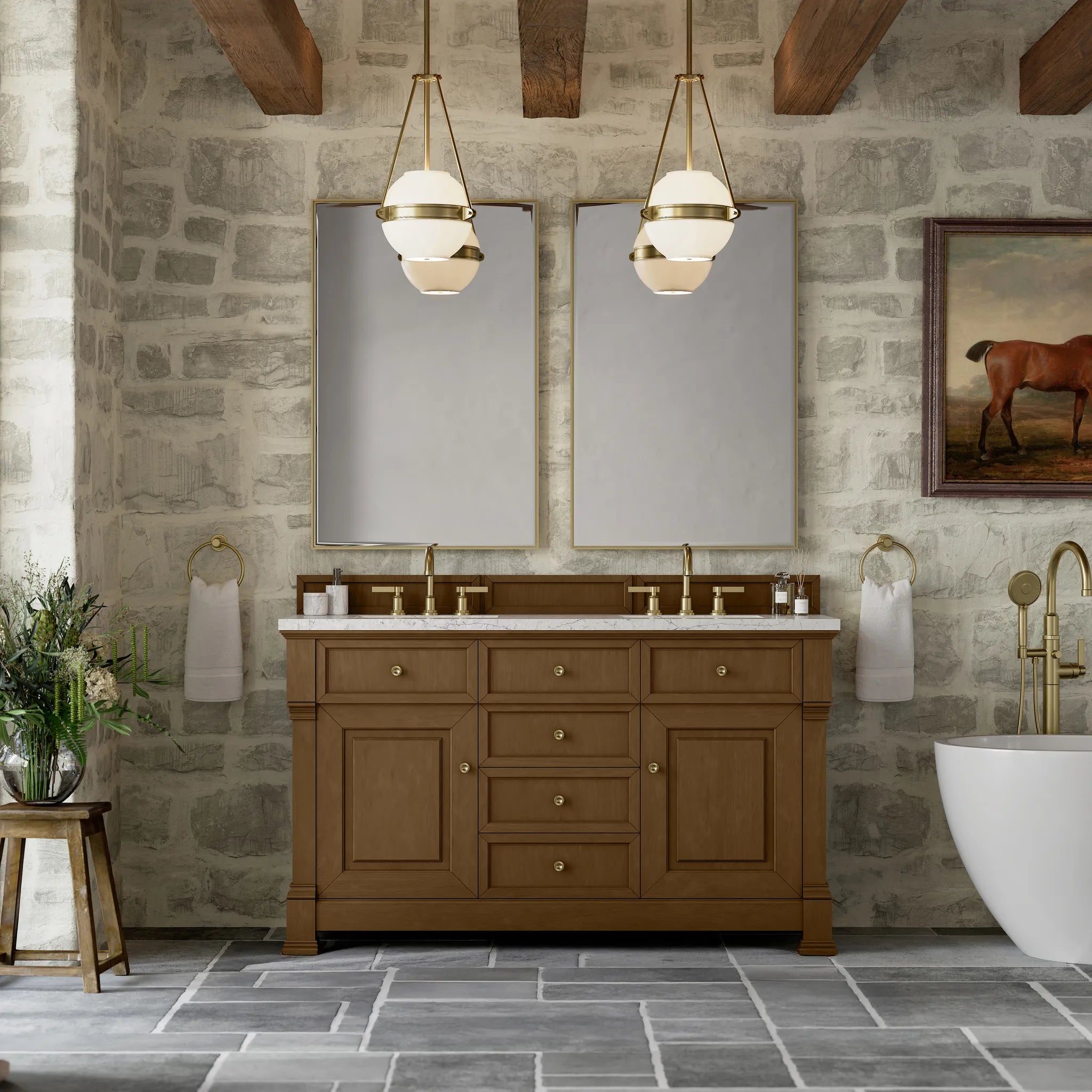 60" Brookfield Double Vanity in Honey Oak Wireless Charger-Eternal Jasmine Pearl Silestone-8" Widespread image 5