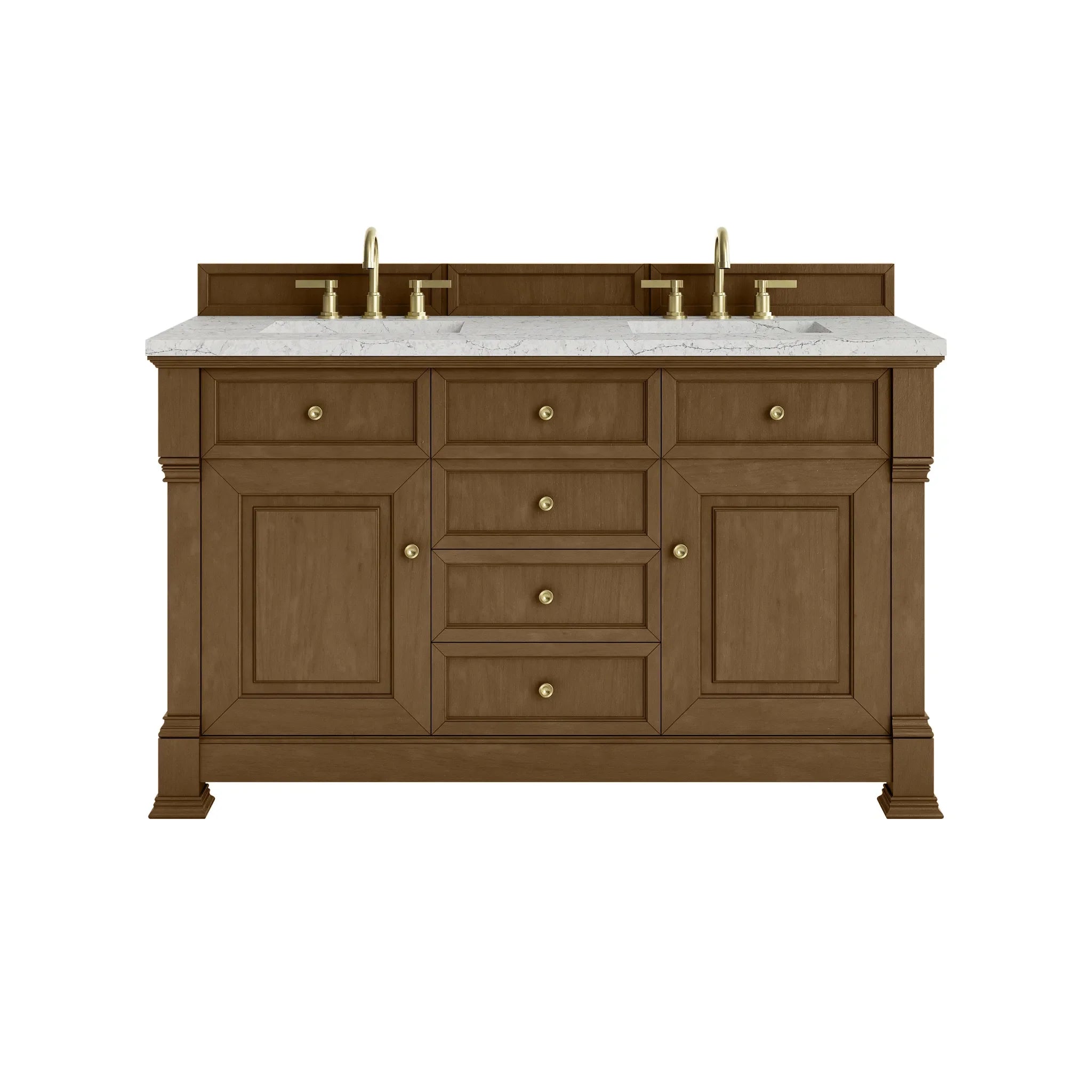 60" Brookfield Double Vanity in Honey Oak Wireless Charger-Eternal Jasmine Pearl Silestone-8" Widespread image