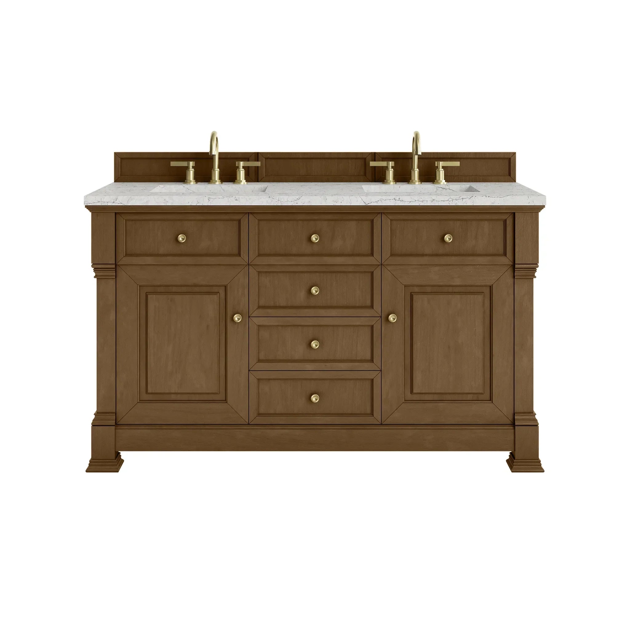 60" Brookfield Double Vanity in Honey Oak Wireless Charger-Eternal Jasmine Pearl Silestone-8" Widespread image
