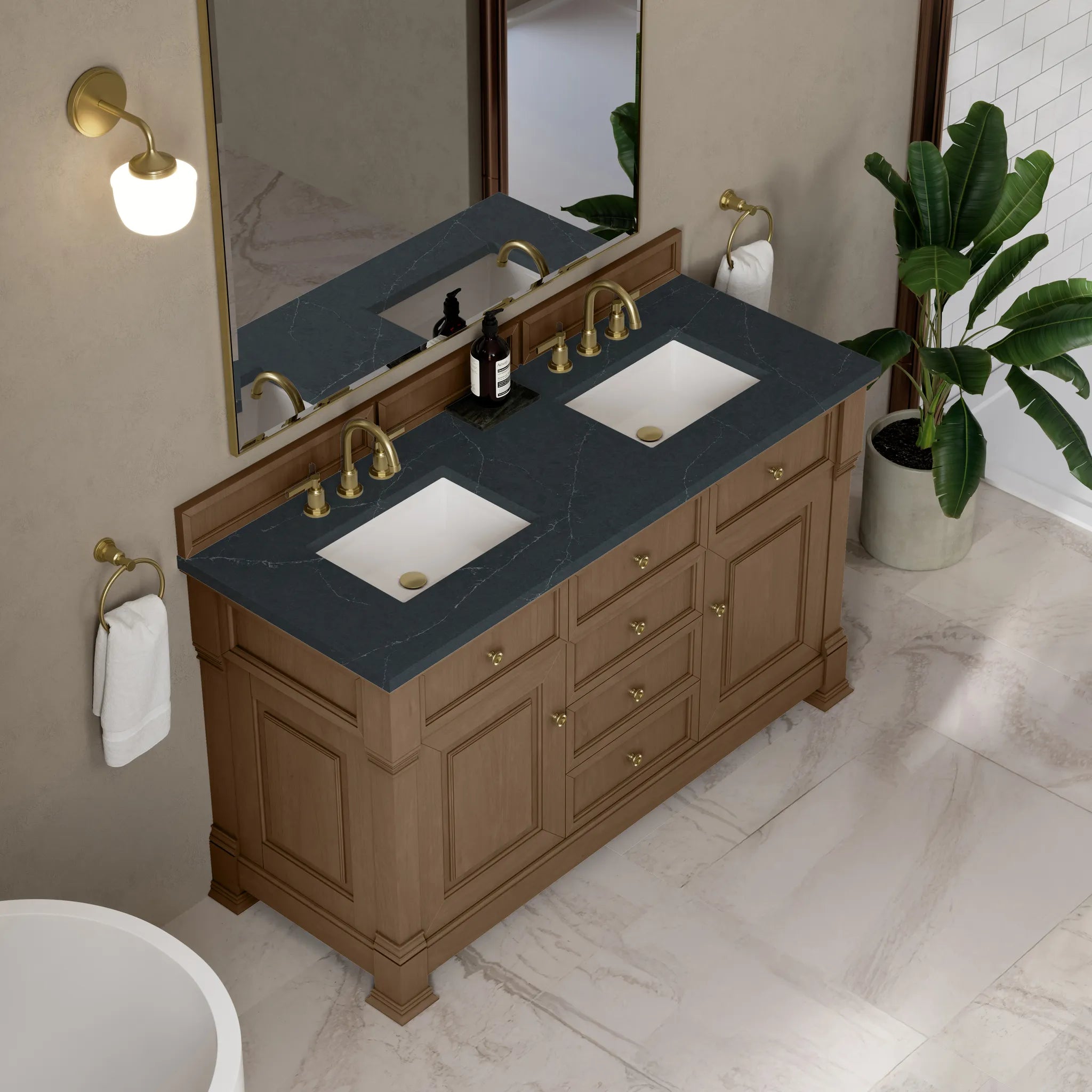 60" Brookfield Double Vanity in Pecan-Charcoal Soapstone Silestone-8" Widespread image 6