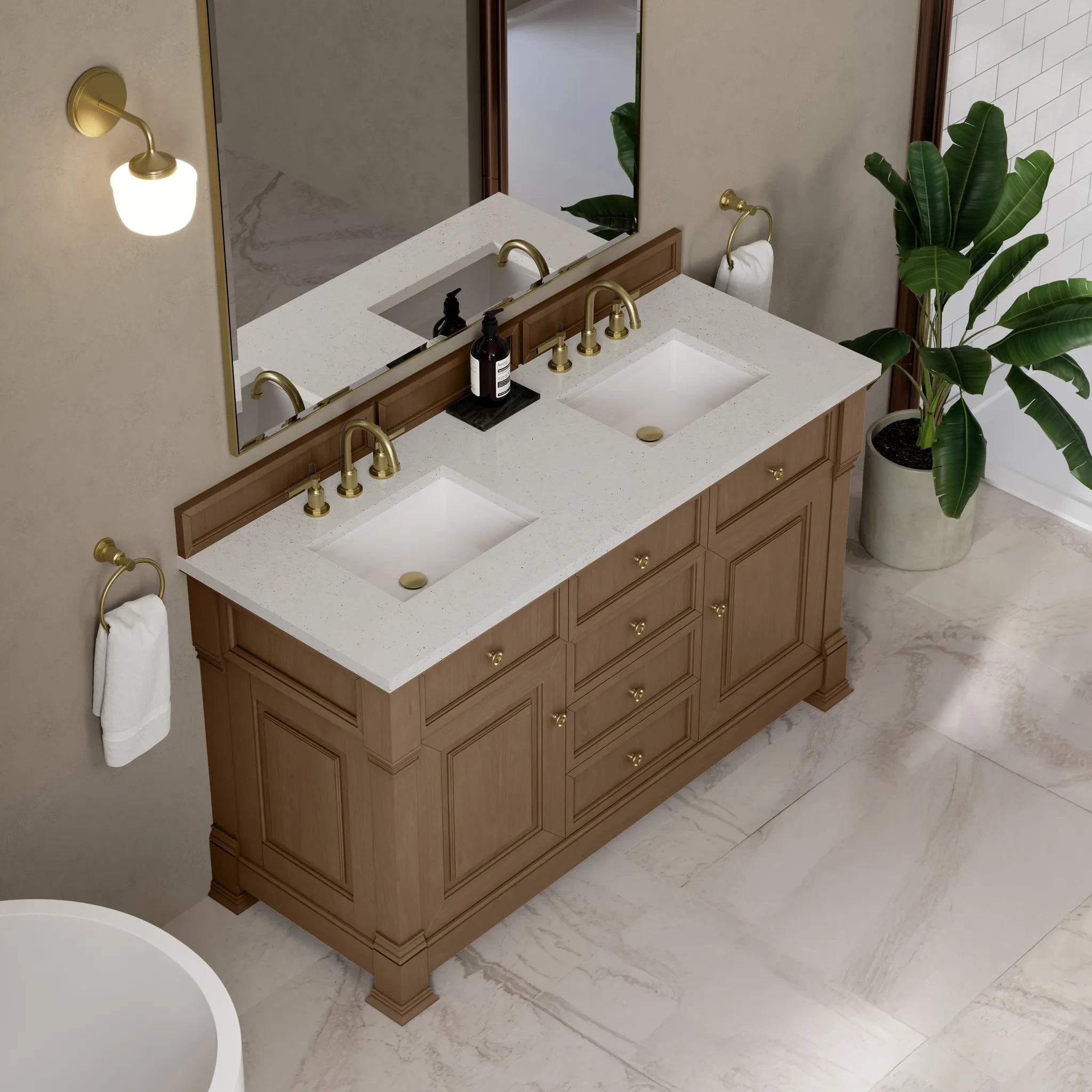 60" Brookfield Double Vanity in Pecan-Lime Delight Silestone-8" Widespread image 6
