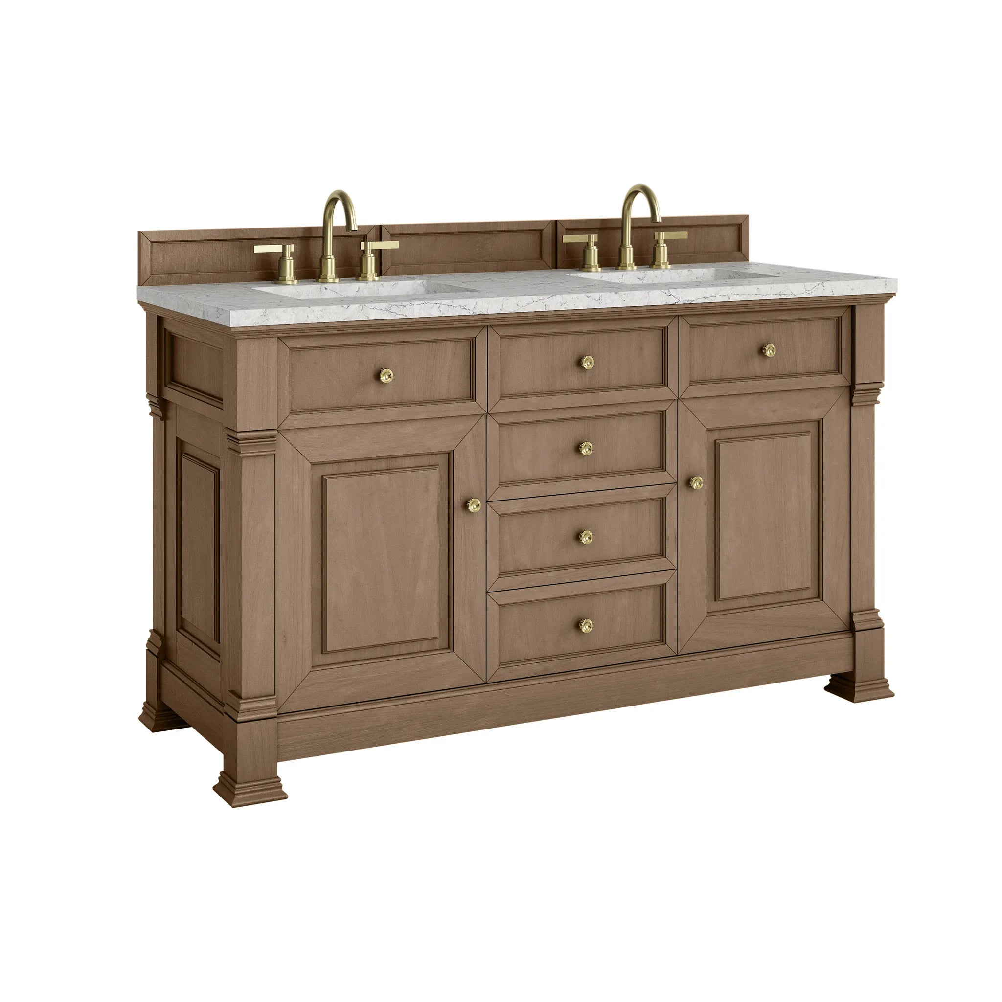 60" Brookfield Double Vanity in Pecan w/FreePower Wireless Charger-Eternal Jasmine Pearl Silestone-8" Widespread image 12