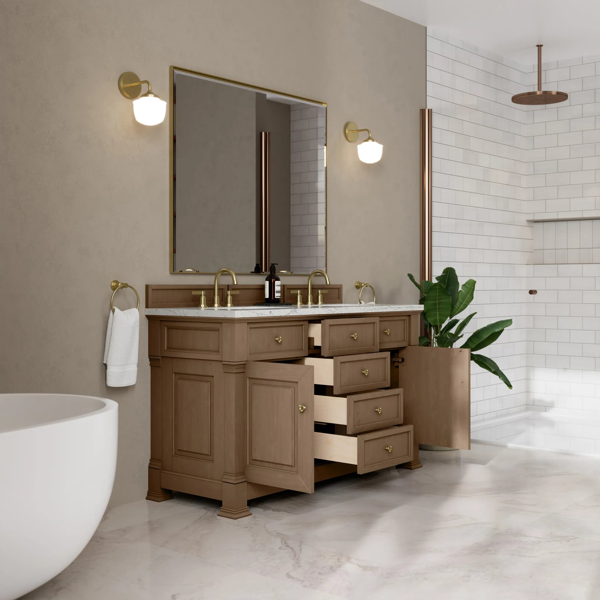 60" Brookfield Double Vanity in Pecan w/FreePower Wireless Charger-Eternal Jasmine Pearl Silestone-8" Widespread image 7