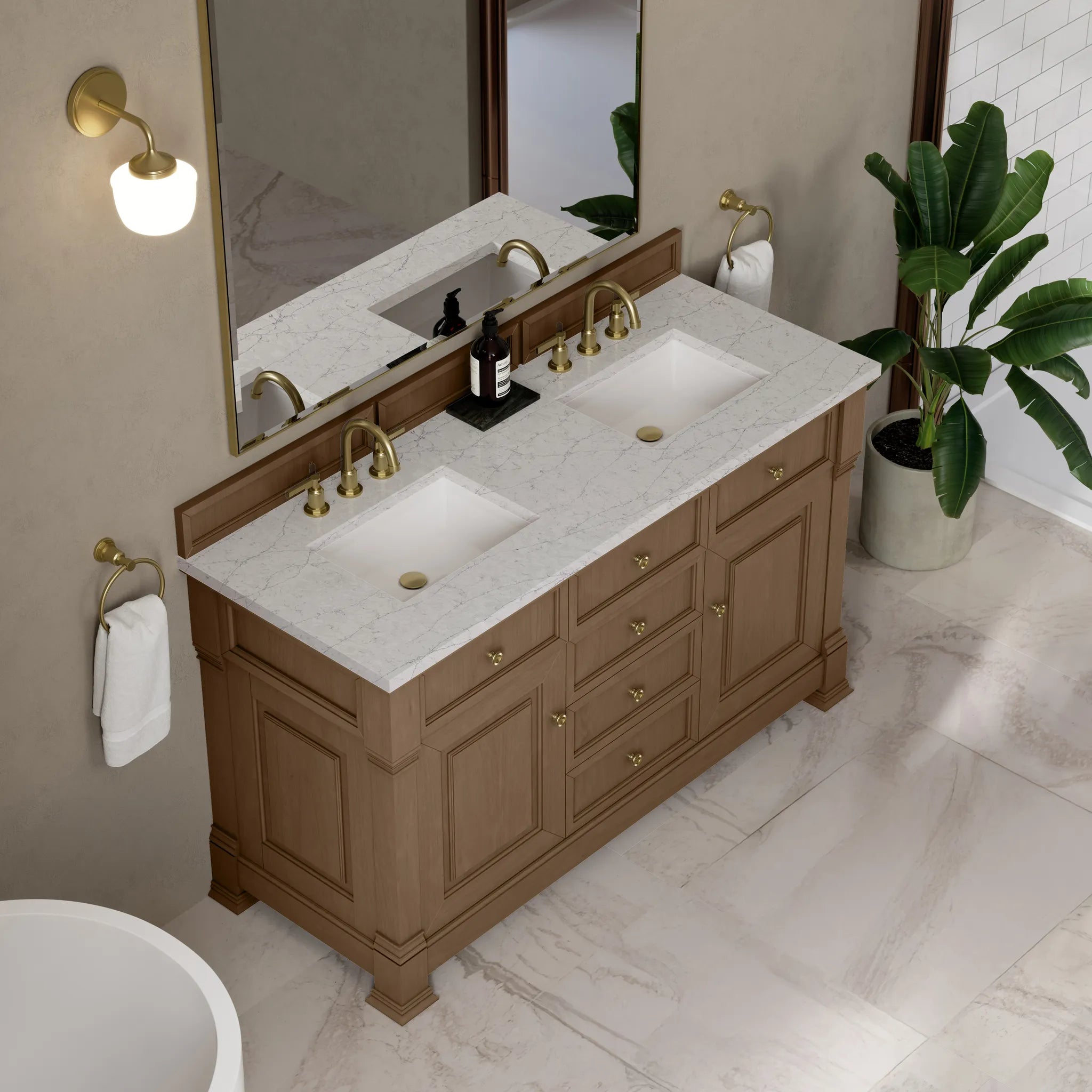 60" Brookfield Double Vanity in Pecan w/FreePower Wireless Charger-Eternal Jasmine Pearl Silestone-8" Widespread image 9