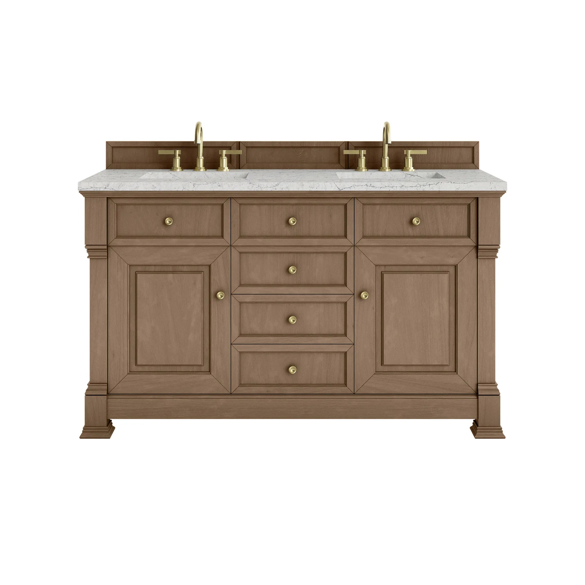 60" Brookfield Double Vanity in Pecan w/FreePower Wireless Charger-Eternal Jasmine Pearl Silestone-8" Widespread image