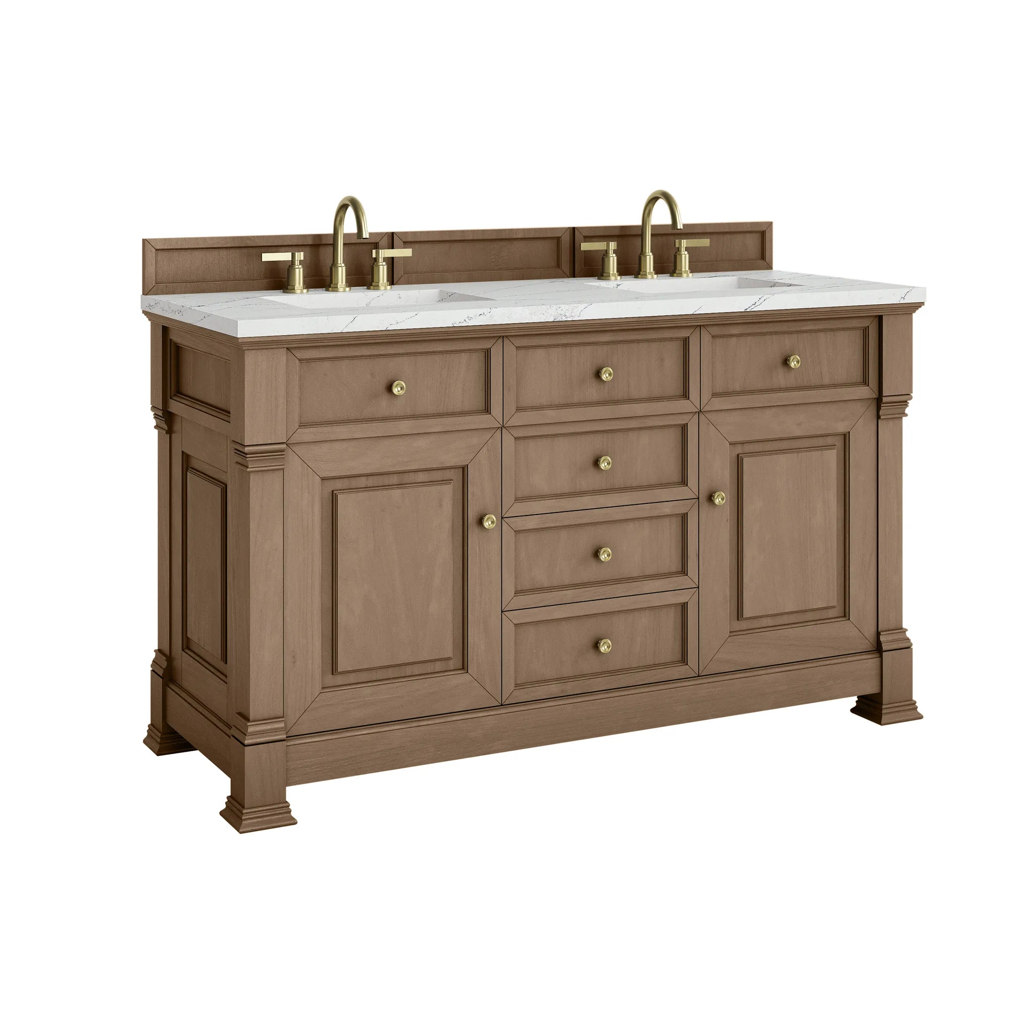 60" Brookfield Double Vanity in Pecan w/FreePower Wireless Charger-Ethereal Noctis Silestone-8" Widespread image 12
