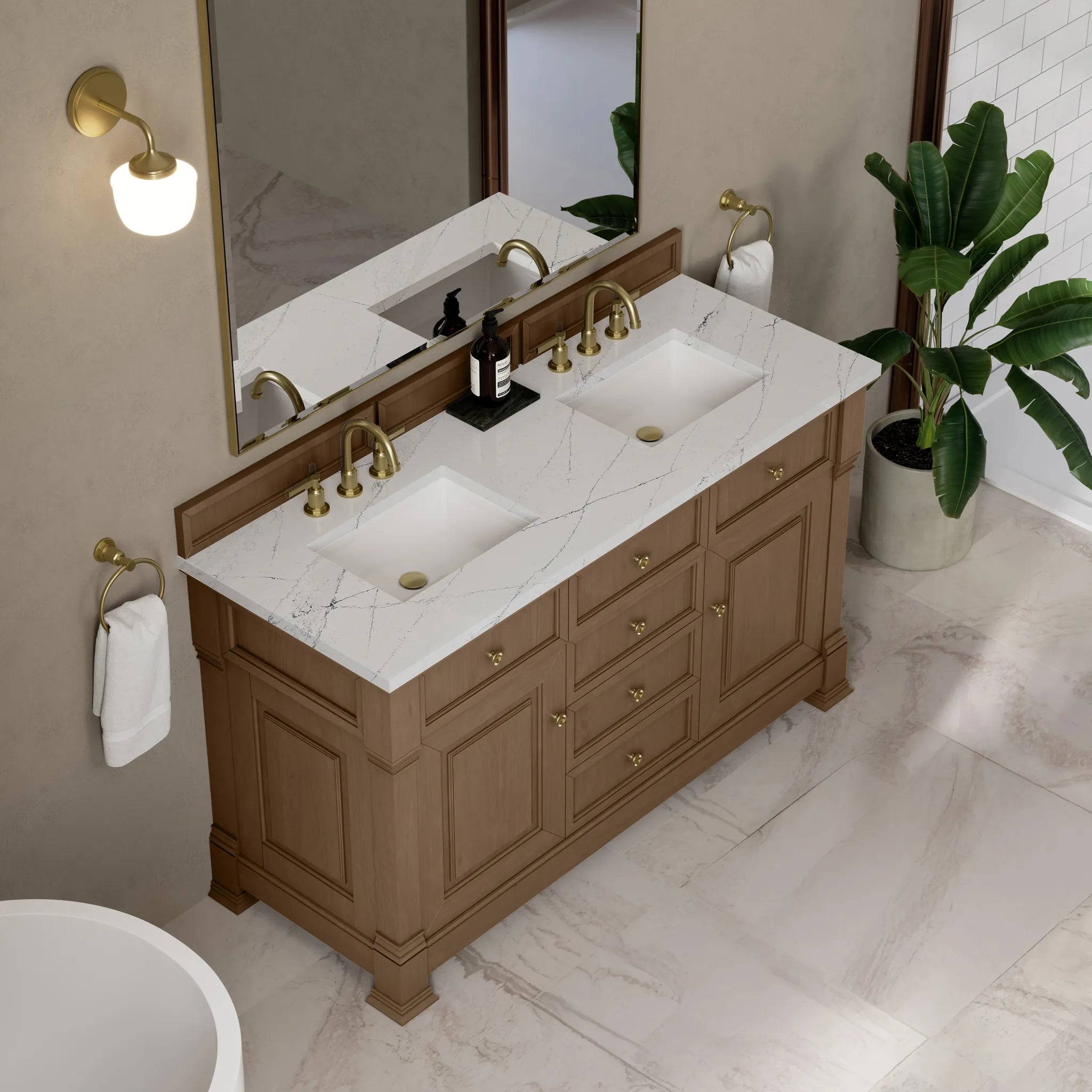 60" Brookfield Double Vanity in Pecan w/FreePower Wireless Charger-Ethereal Noctis Silestone-8" Widespread image 9