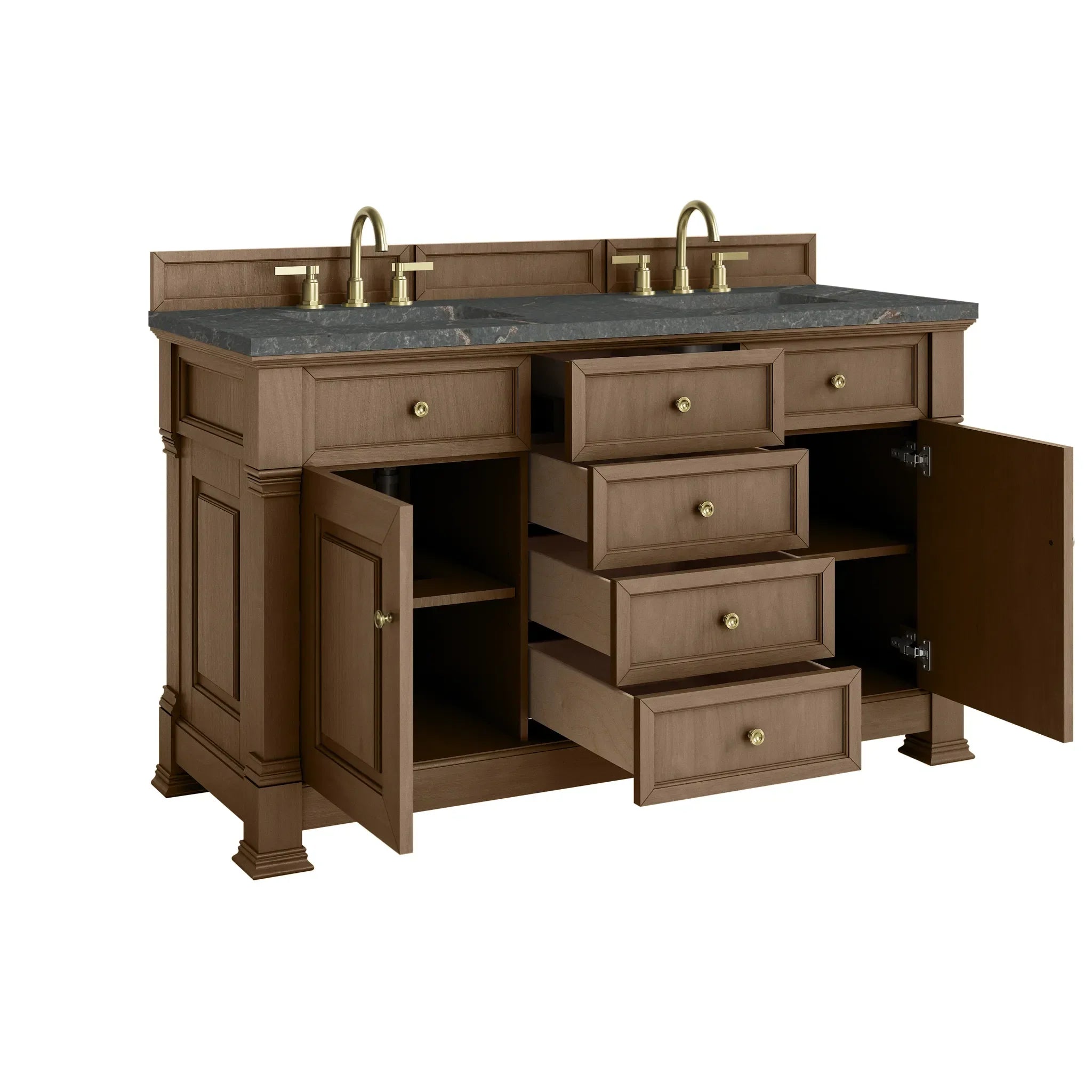60" Brookfield Double Vanity in Pecan w/FreePower Wireless Charger-Parisien Bleu Silestone-8" Widespread image 10