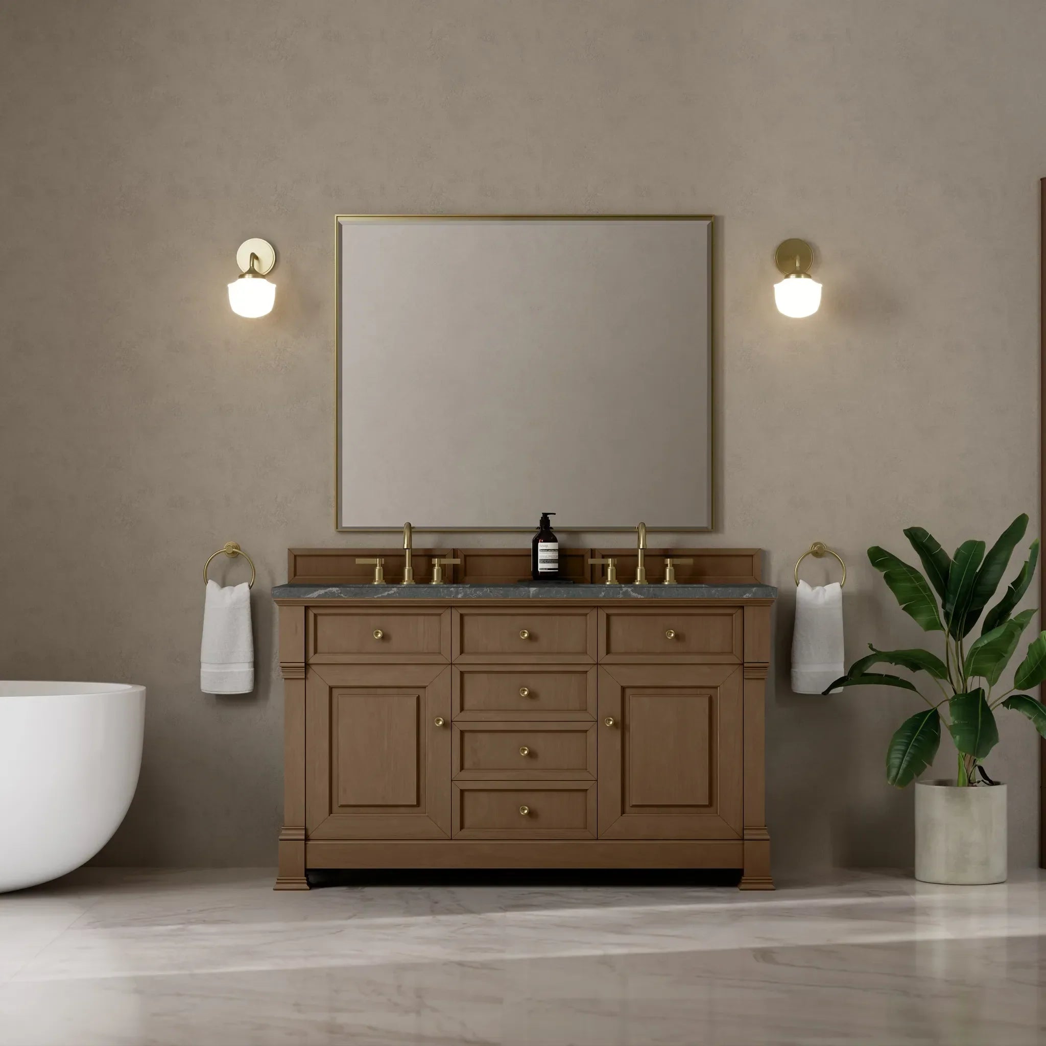60" Brookfield Double Vanity in Pecan w/FreePower Wireless Charger-Parisien Bleu Silestone-8" Widespread image 5