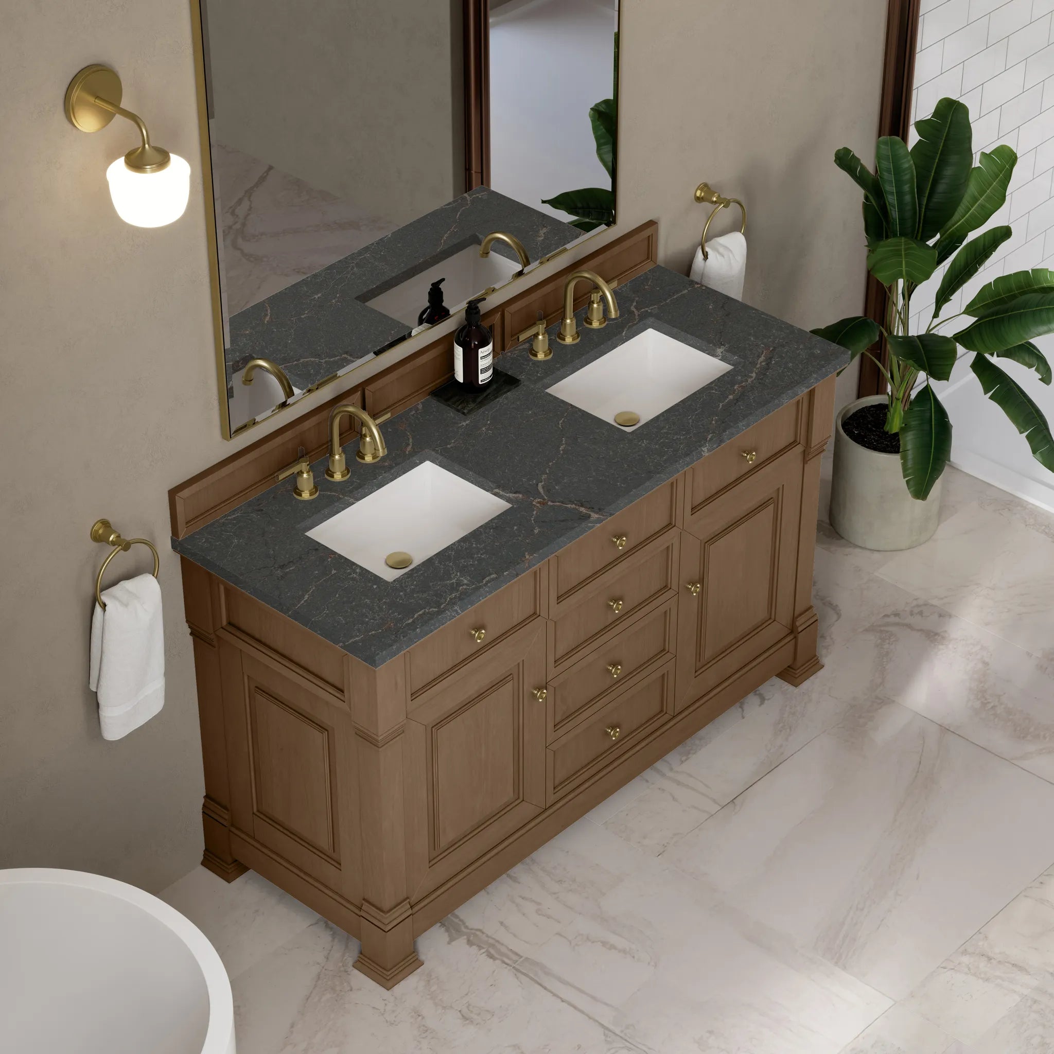 60" Brookfield Double Vanity in Pecan w/FreePower Wireless Charger-Parisien Bleu Silestone-8" Widespread image 9