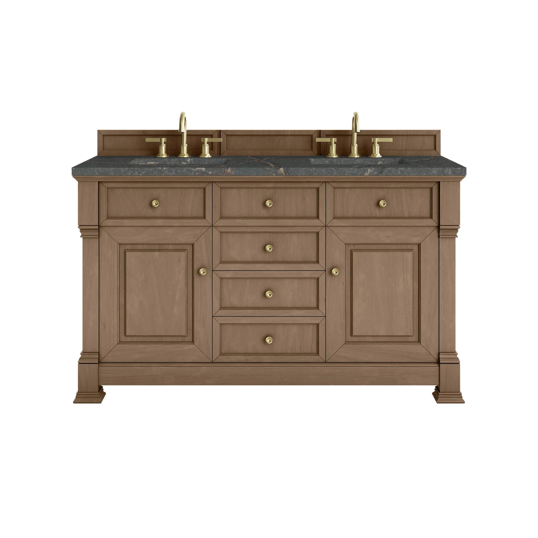 60" Brookfield Double Vanity in Pecan w/FreePower Wireless Charger-Parisien Bleu Silestone-8" Widespread image