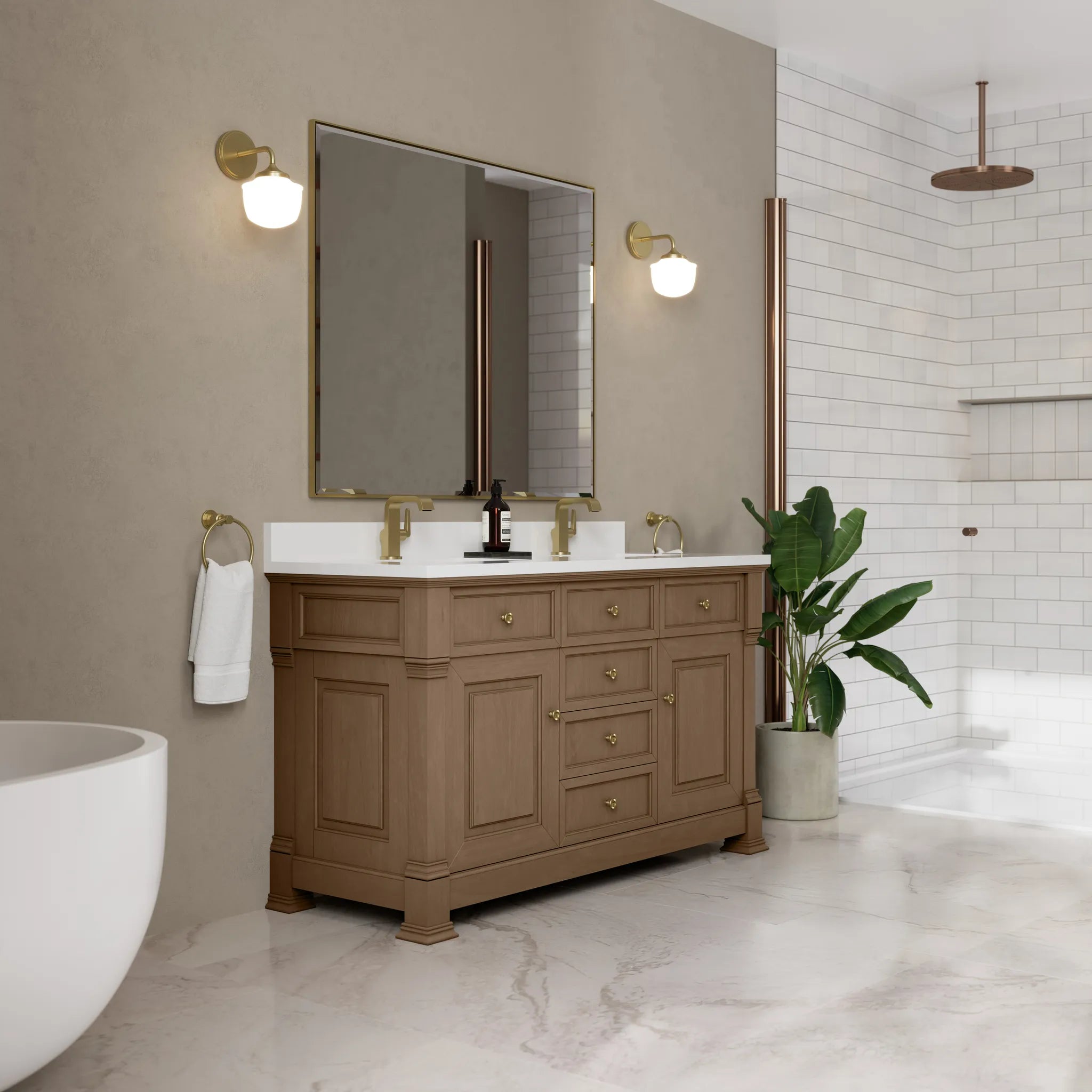 60" Brookfield Double Vanity in Pecan-White Zeus Silestone & Backsplash-Single Hole image 3