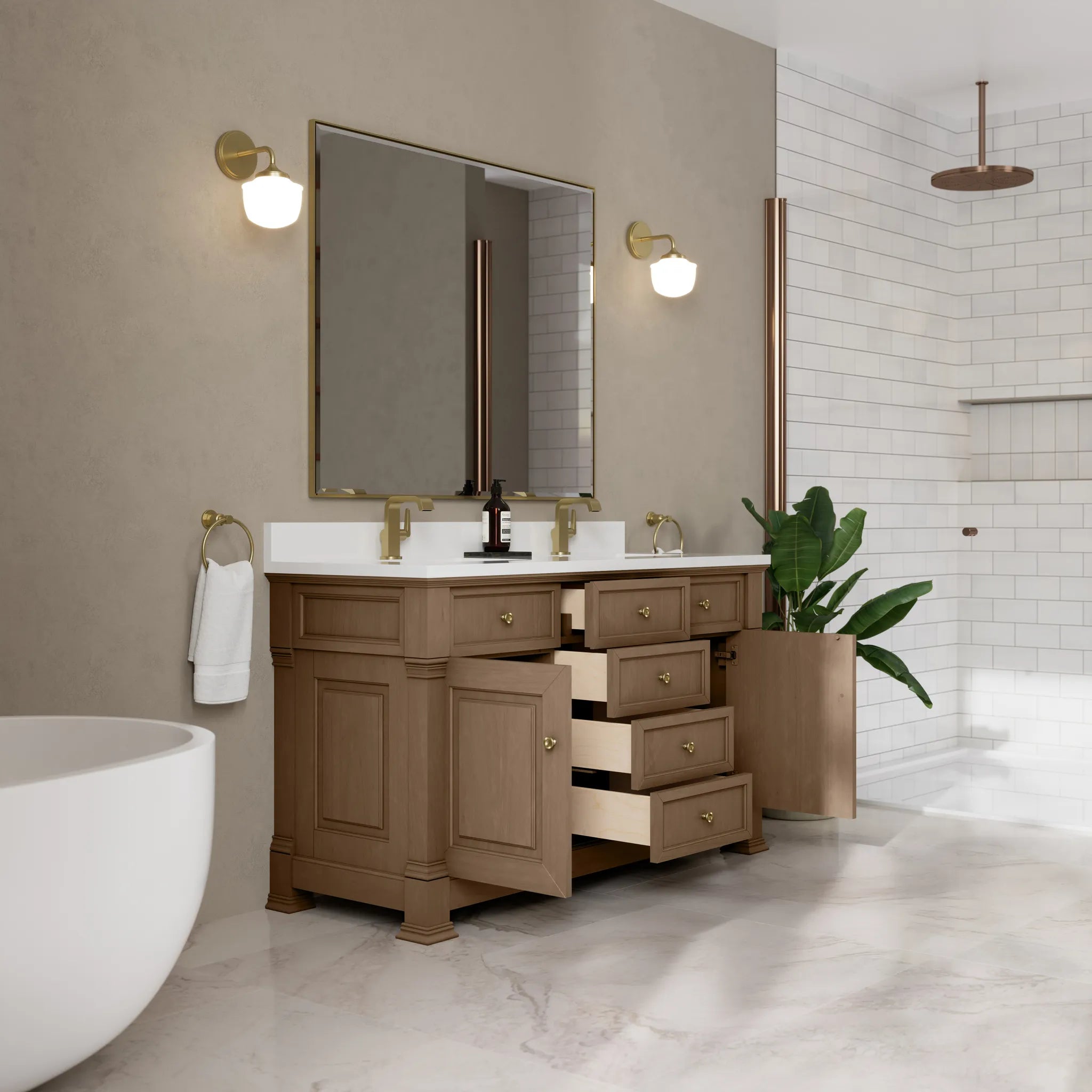 60" Brookfield Double Vanity in Pecan-White Zeus Silestone & Backsplash-Single Hole image 4