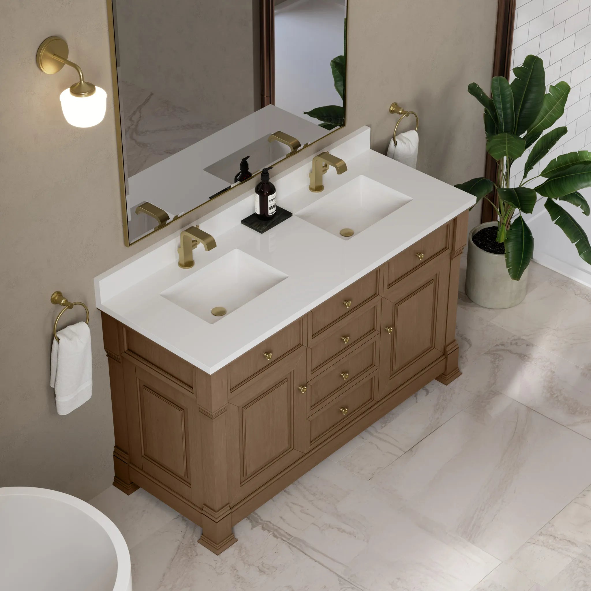60" Brookfield Double Vanity in Pecan-White Zeus Silestone & Backsplash-Single Hole image 6