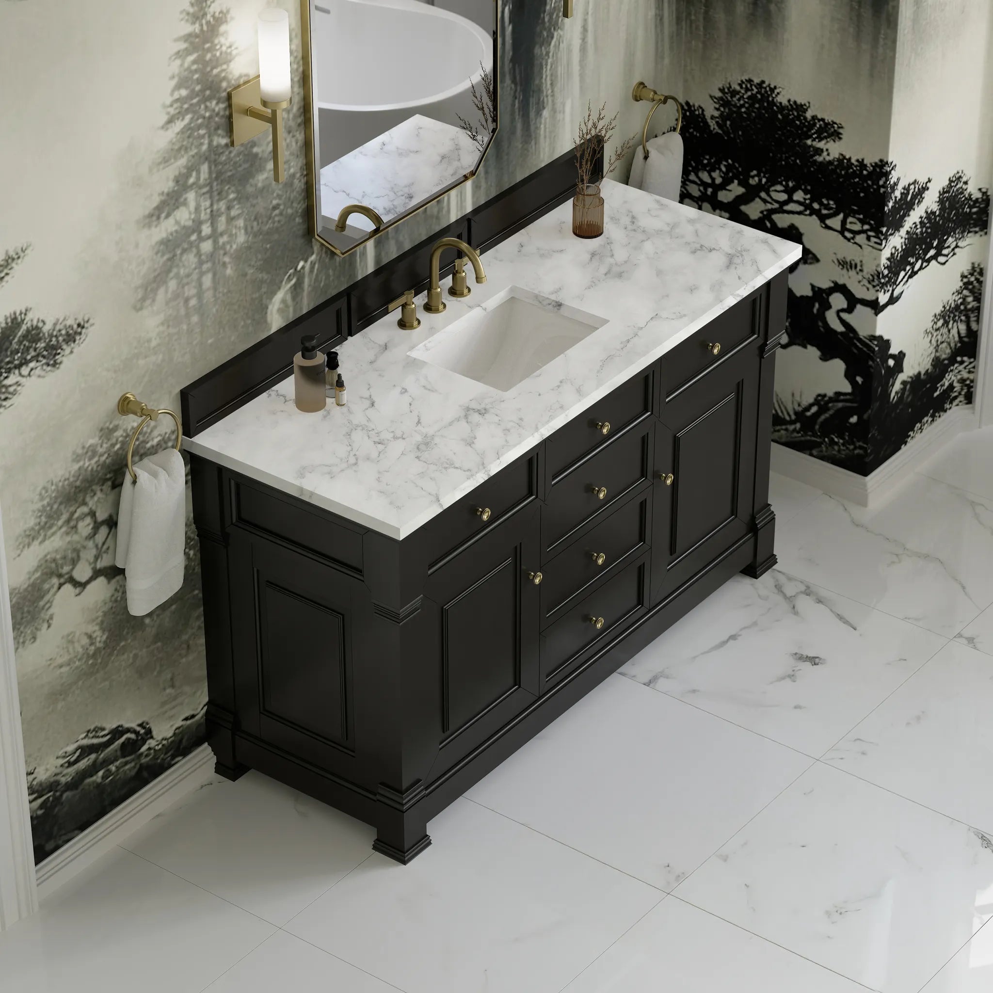 60" Brookfield Single Vanity in Black Onyx-Carrara White Marble-8" Widespread image 6