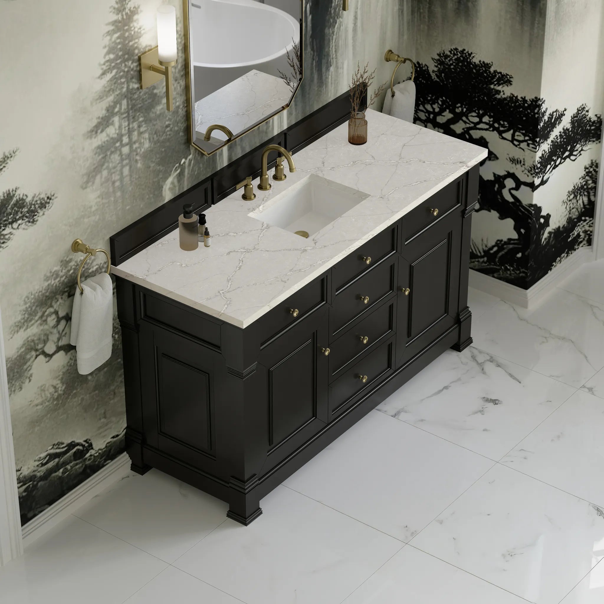 60" Brookfield Single Vanity in Black Onyx-Victorian Silver Silestone-8" Widespread image 6