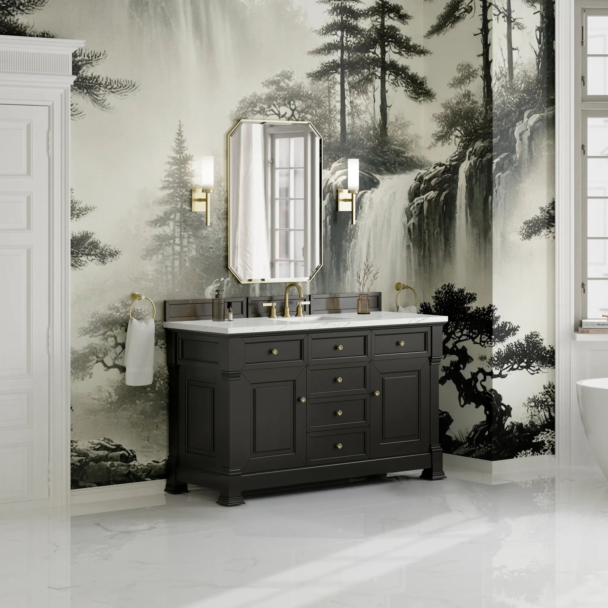 60" Brookfield Single Vanity in Black Onyx w/FreePower Wireless Charger-Ethereal Noctis Silestone-8" Widespread image 5