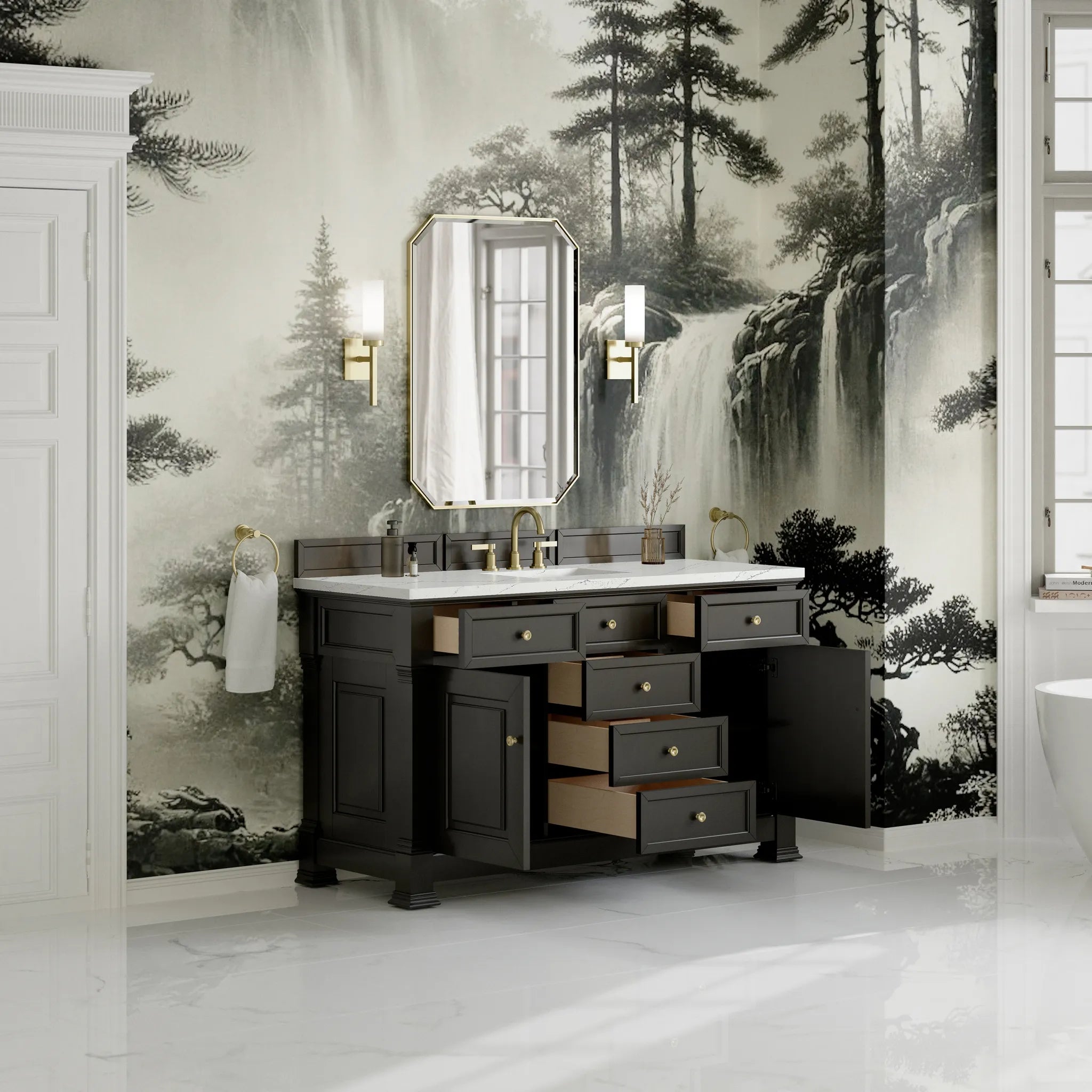 60" Brookfield Single Vanity in Black Onyx w/FreePower Wireless Charger-Ethereal Noctis Silestone-8" Widespread image 6