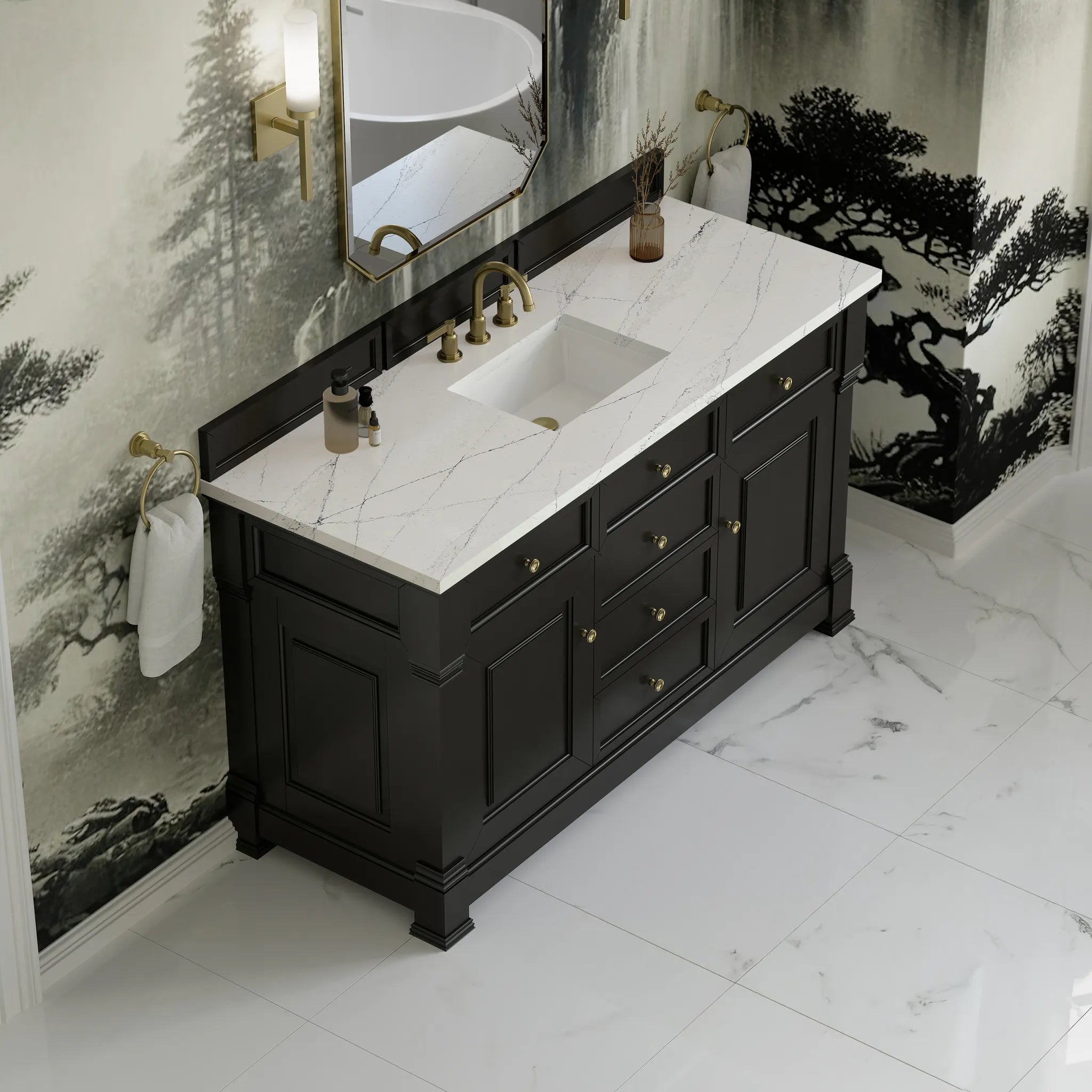 60" Brookfield Single Vanity in Black Onyx w/FreePower Wireless Charger-Ethereal Noctis Silestone-8" Widespread image 8