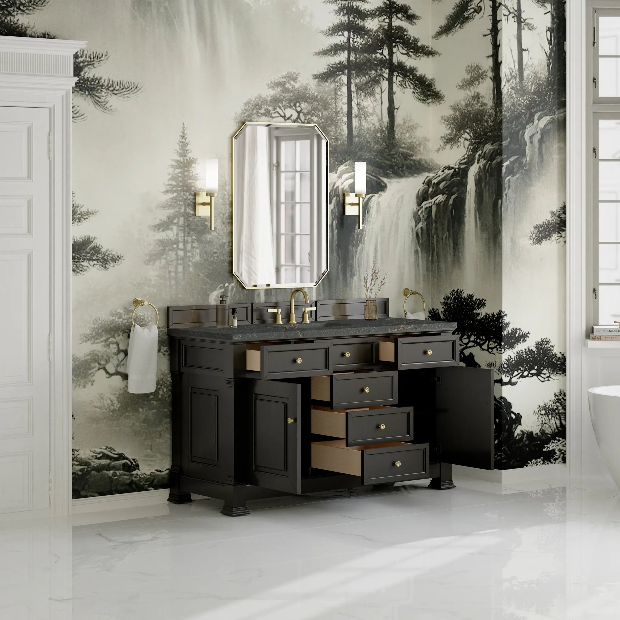 60" Brookfield Single Vanity in Black Onyx w/FreePower Wireless Charger-Parisien Bleu Silestone-8" Widespread image 6