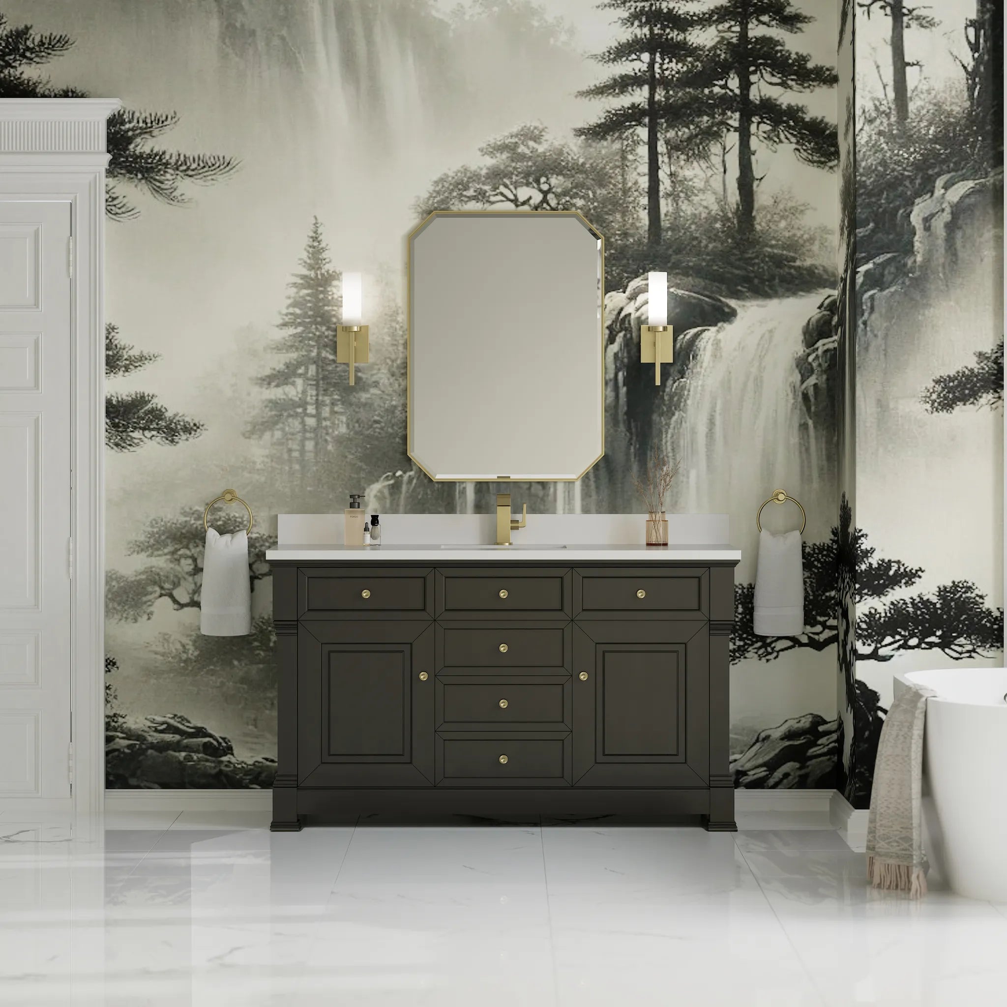60" Brookfield Single Vanity in Black Onyx-White Zeus Silestone & Backsplash-Single Hole image 2
