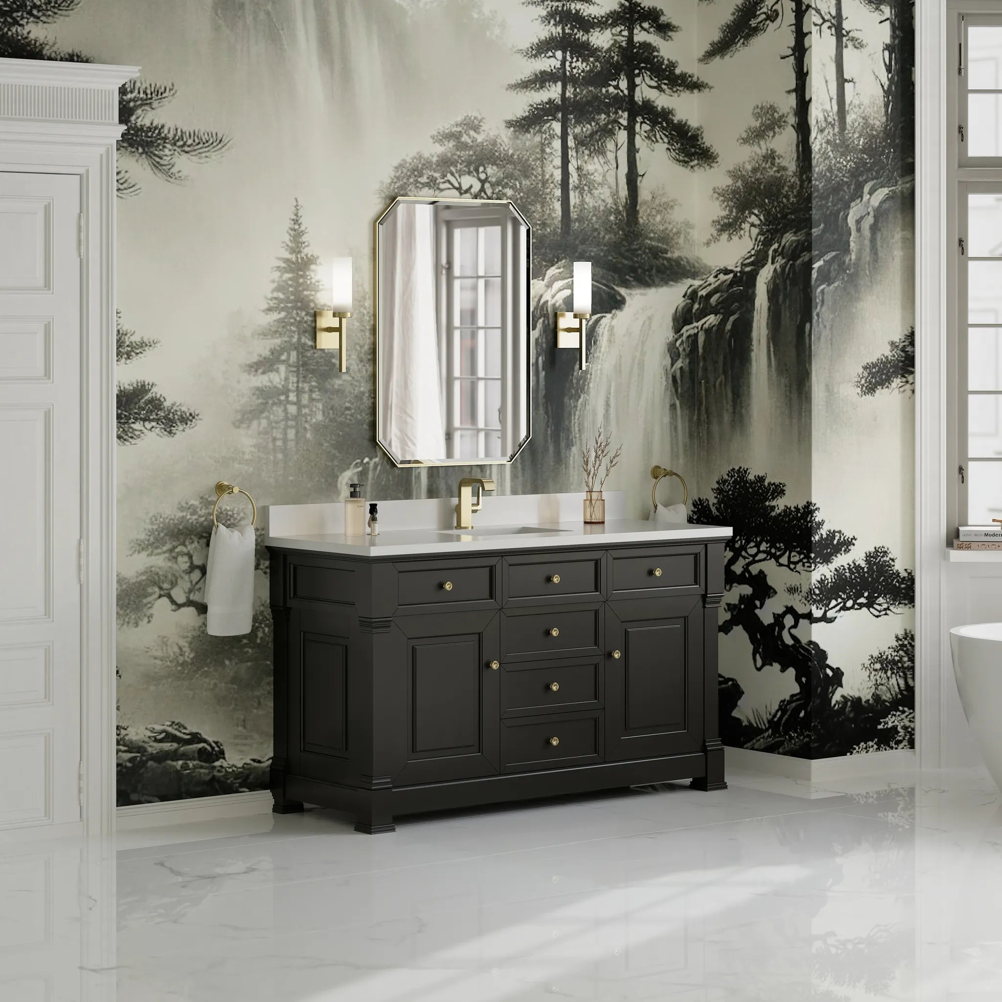 60" Brookfield Single Vanity in Black Onyx-White Zeus Silestone & Backsplash-Single Hole image 3