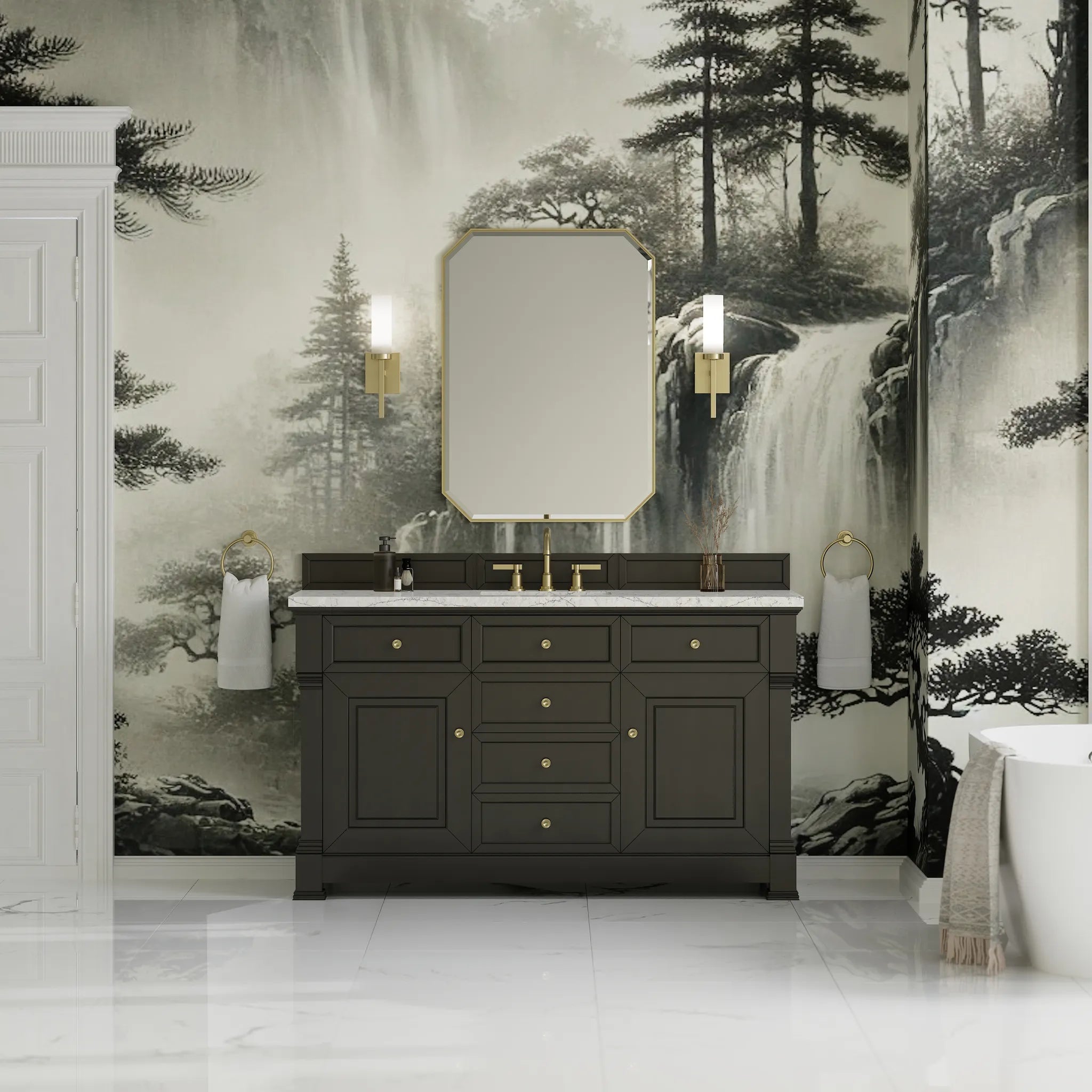 60" Brookfield Single Vanity in Black Onyx Wireless Charger-Eternal Jasmine Pearl Silestone-8" Widespread image 4