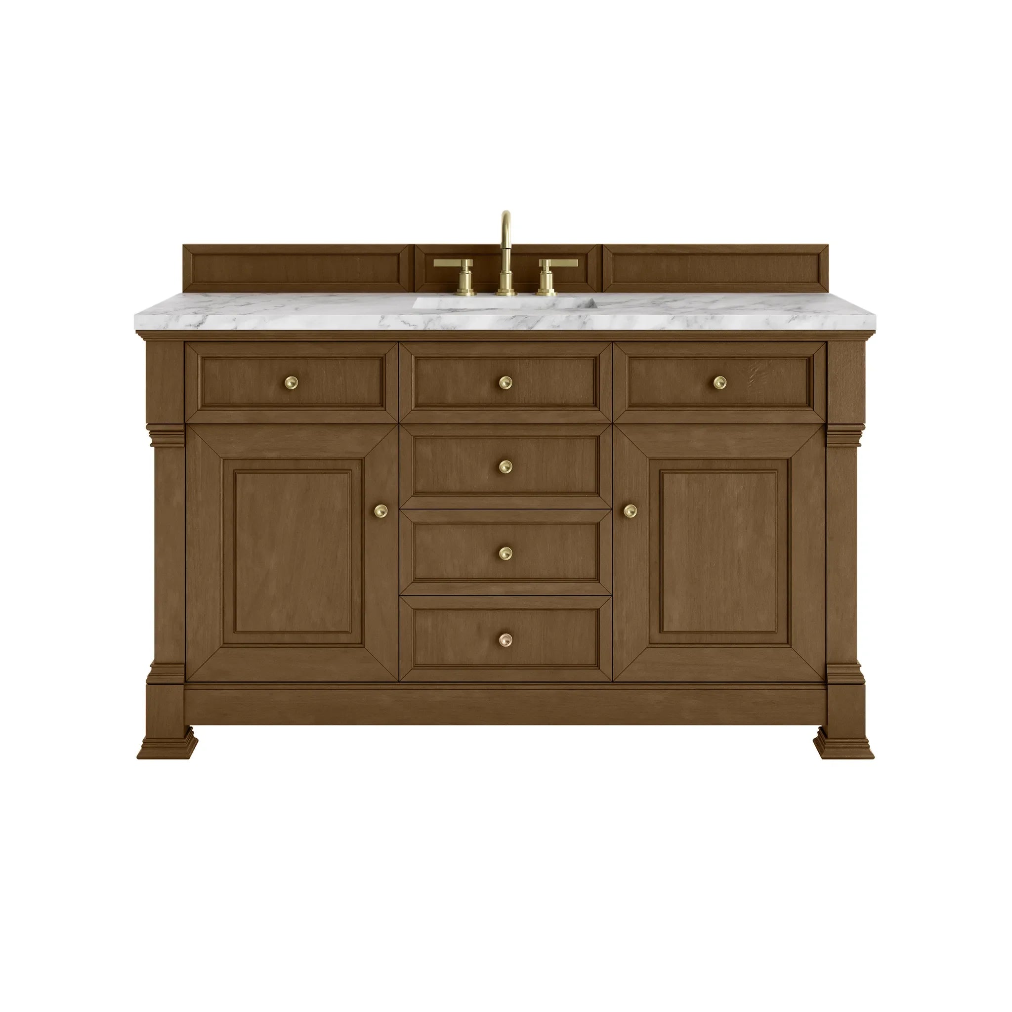 60" Brookfield Single Vanity in Honey Oak-Carrara White Marble-8" Widespread image