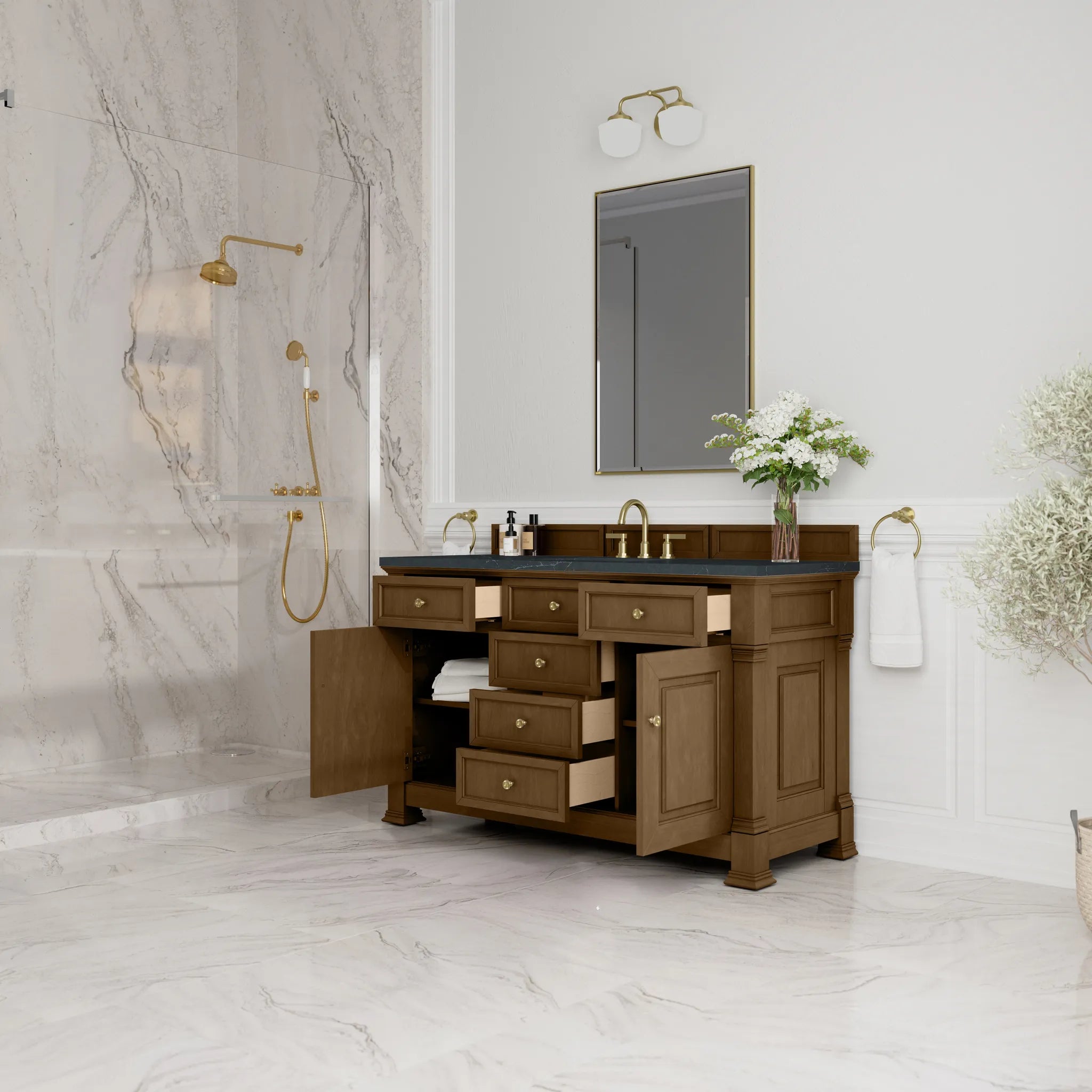 60" Brookfield Single Vanity in Honey Oak-Charcoal Soapstone Silestone-8" Widespread image 4