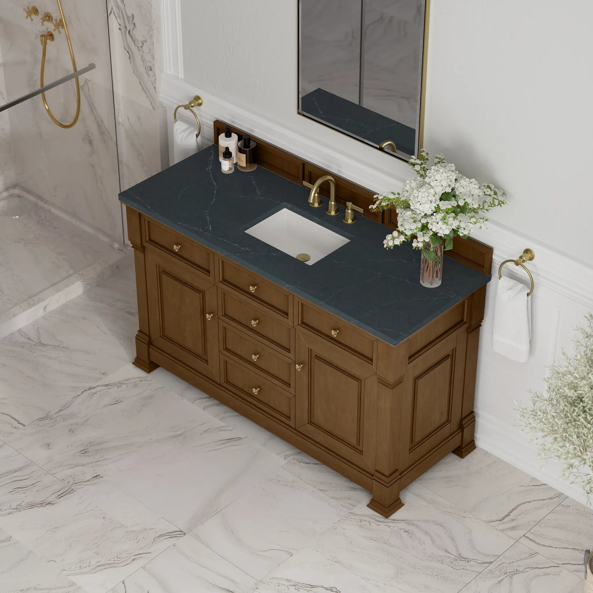60" Brookfield Single Vanity in Honey Oak-Charcoal Soapstone Silestone-8" Widespread image 6