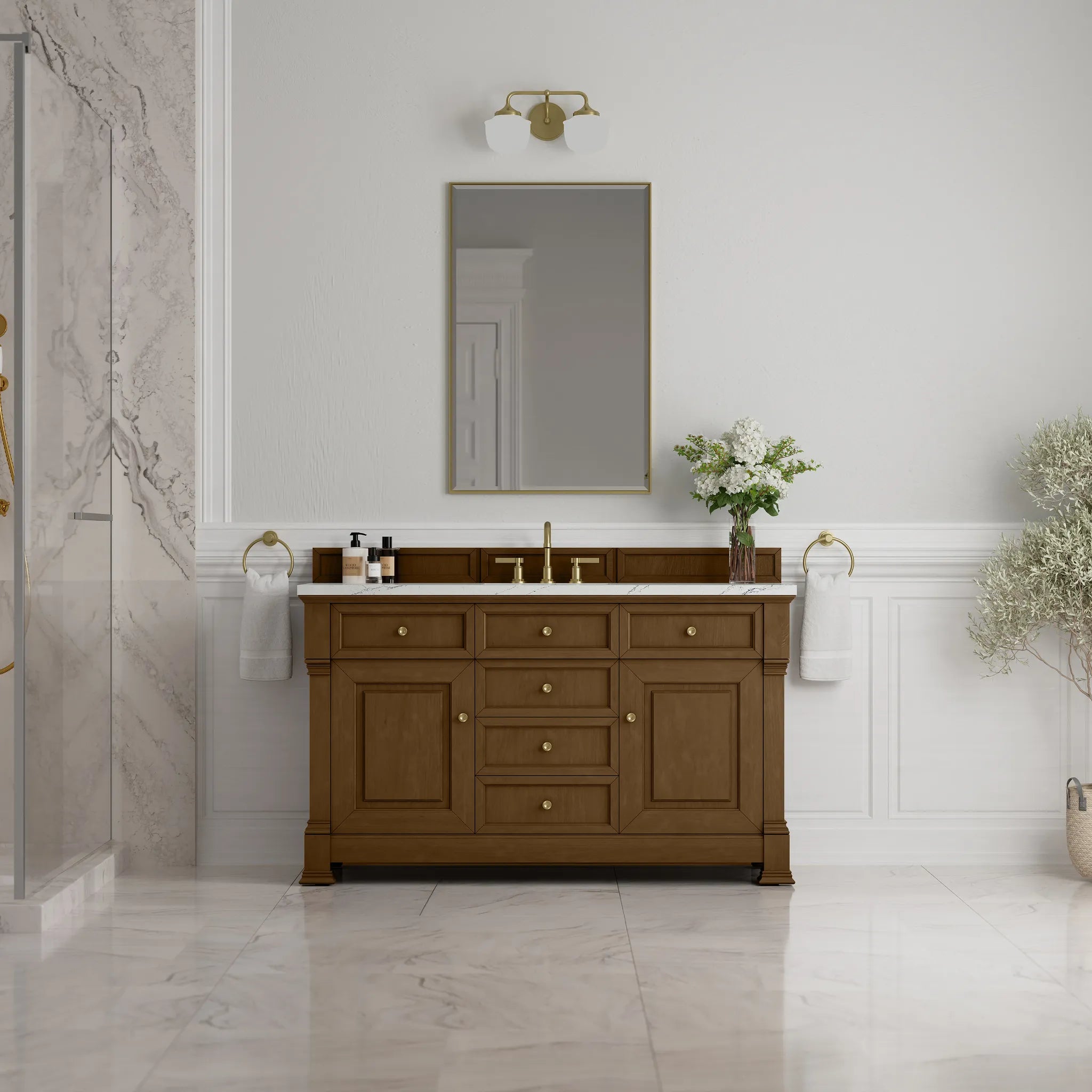 60" Brookfield Single Vanity in Honey Oak w/FreePower Wireless Charger-Ethereal Noctis Silestone-8" Widespread image 4