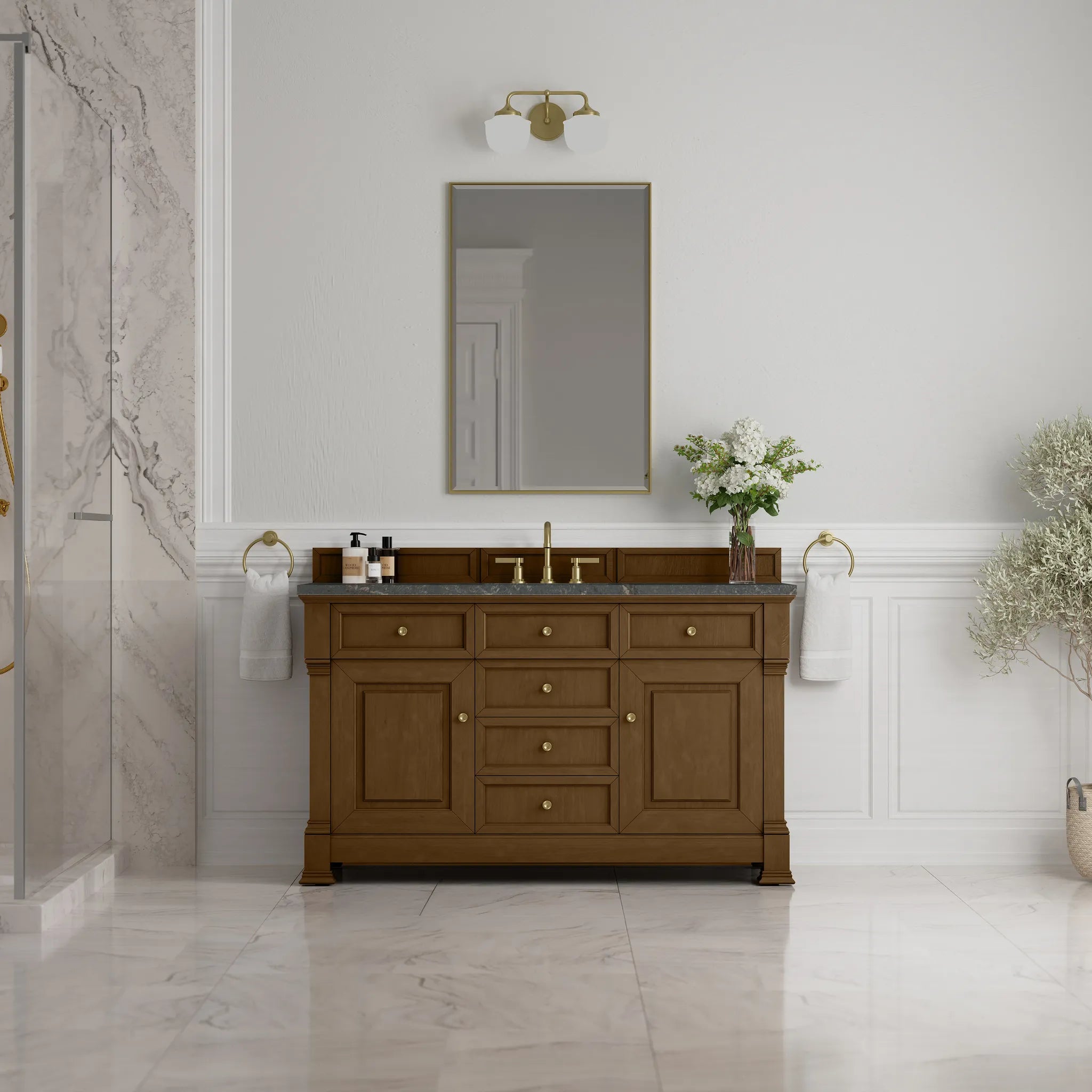 60" Brookfield Single Vanity in Honey Oak w/FreePower Wireless Charger-Parisien Bleu Silestone-8" Widespread image 4