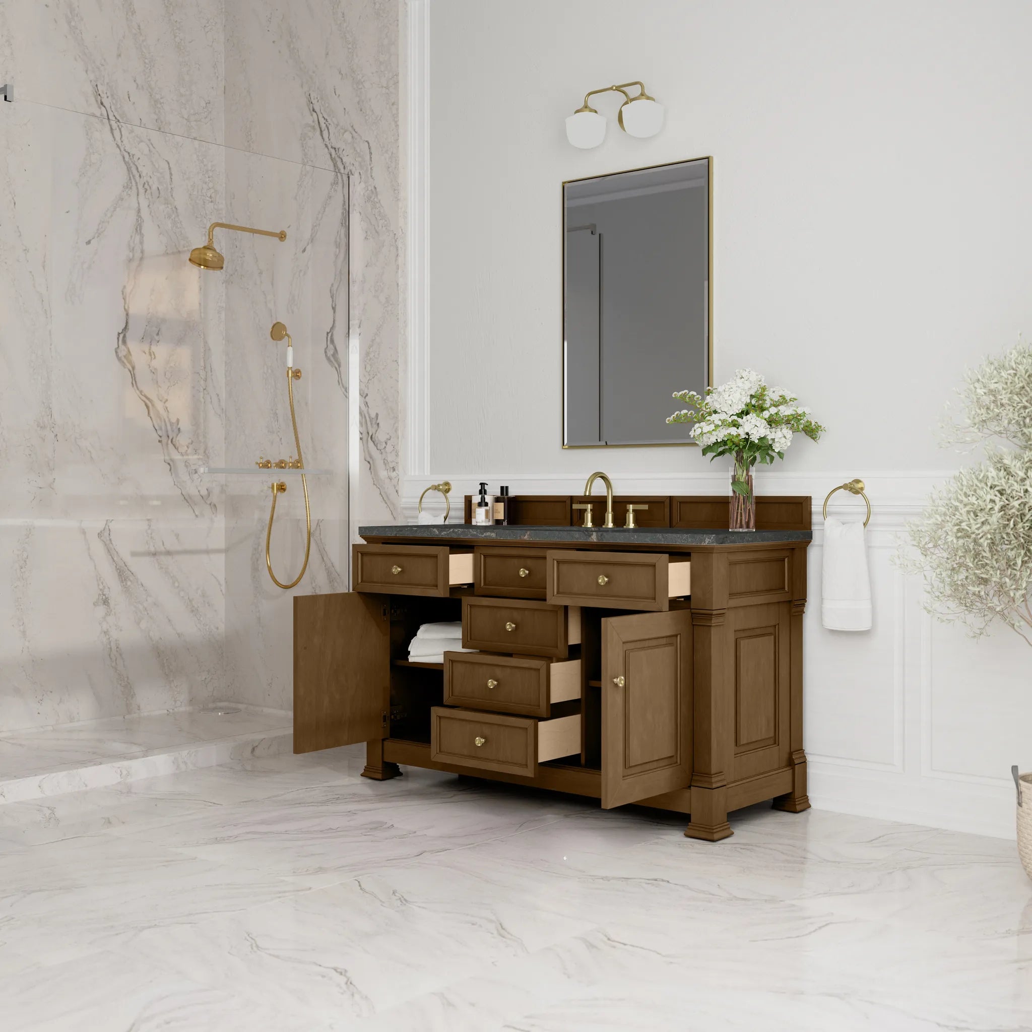 60" Brookfield Single Vanity in Honey Oak w/FreePower Wireless Charger-Parisien Bleu Silestone-8" Widespread image 6