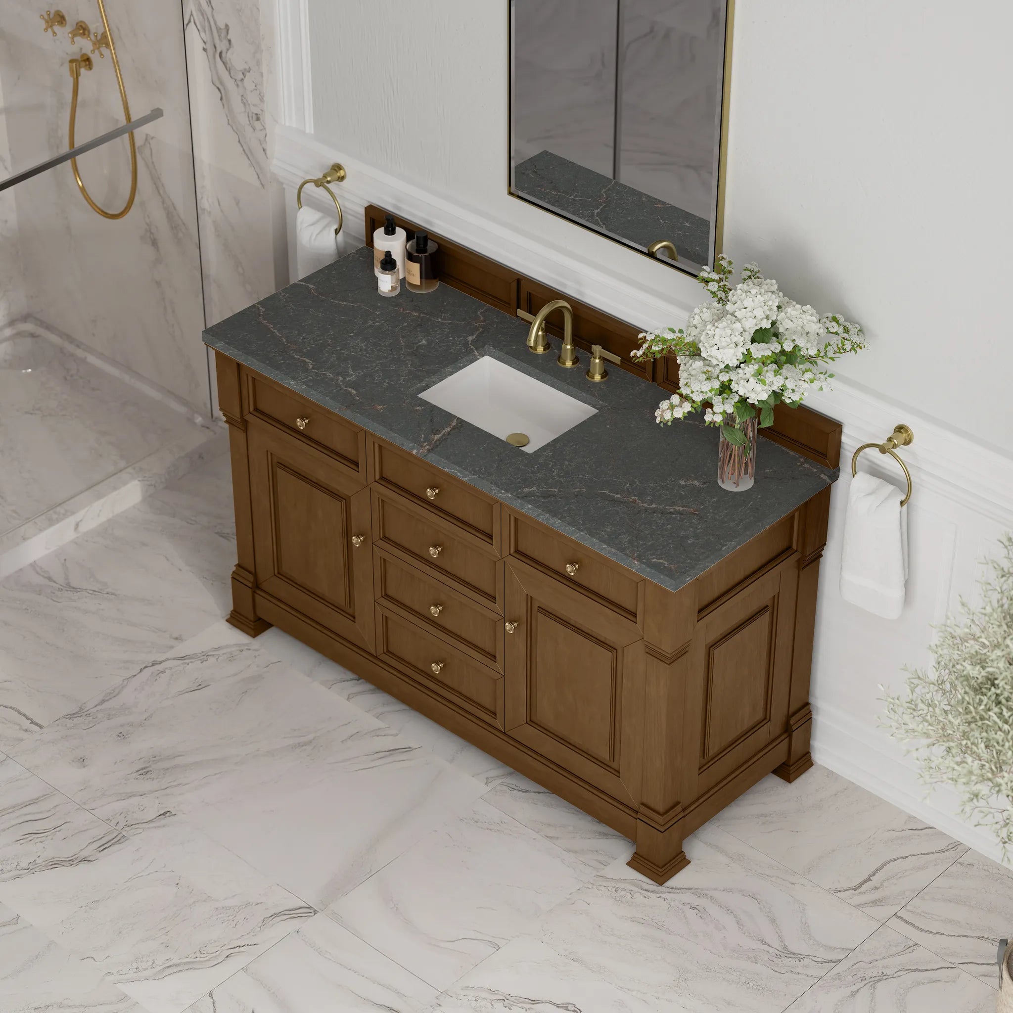 60" Brookfield Single Vanity in Honey Oak w/FreePower Wireless Charger-Parisien Bleu Silestone-8" Widespread image 8