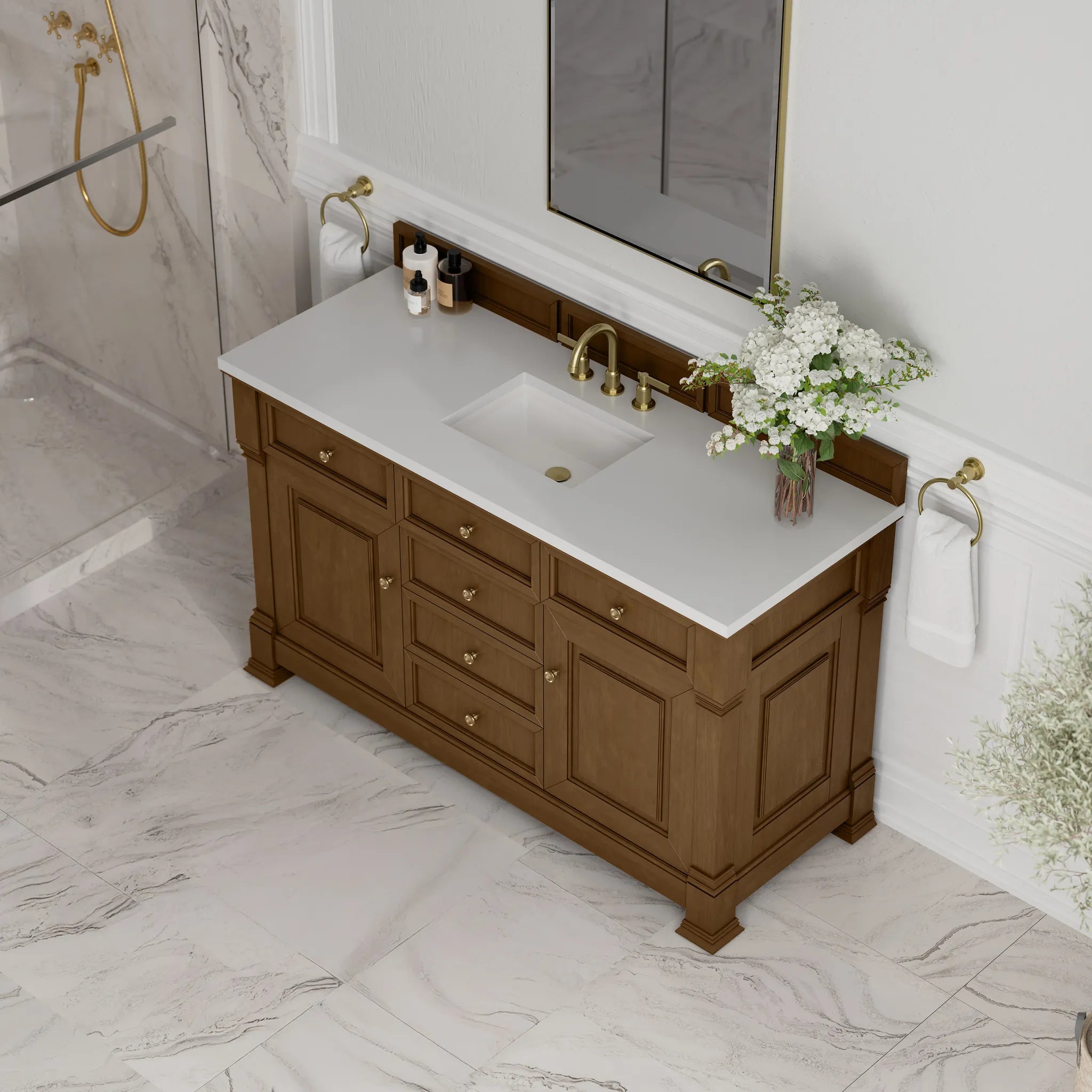 60" Brookfield Single Vanity in Honey Oak-White Zeus Silestone-8" Widespread image 6