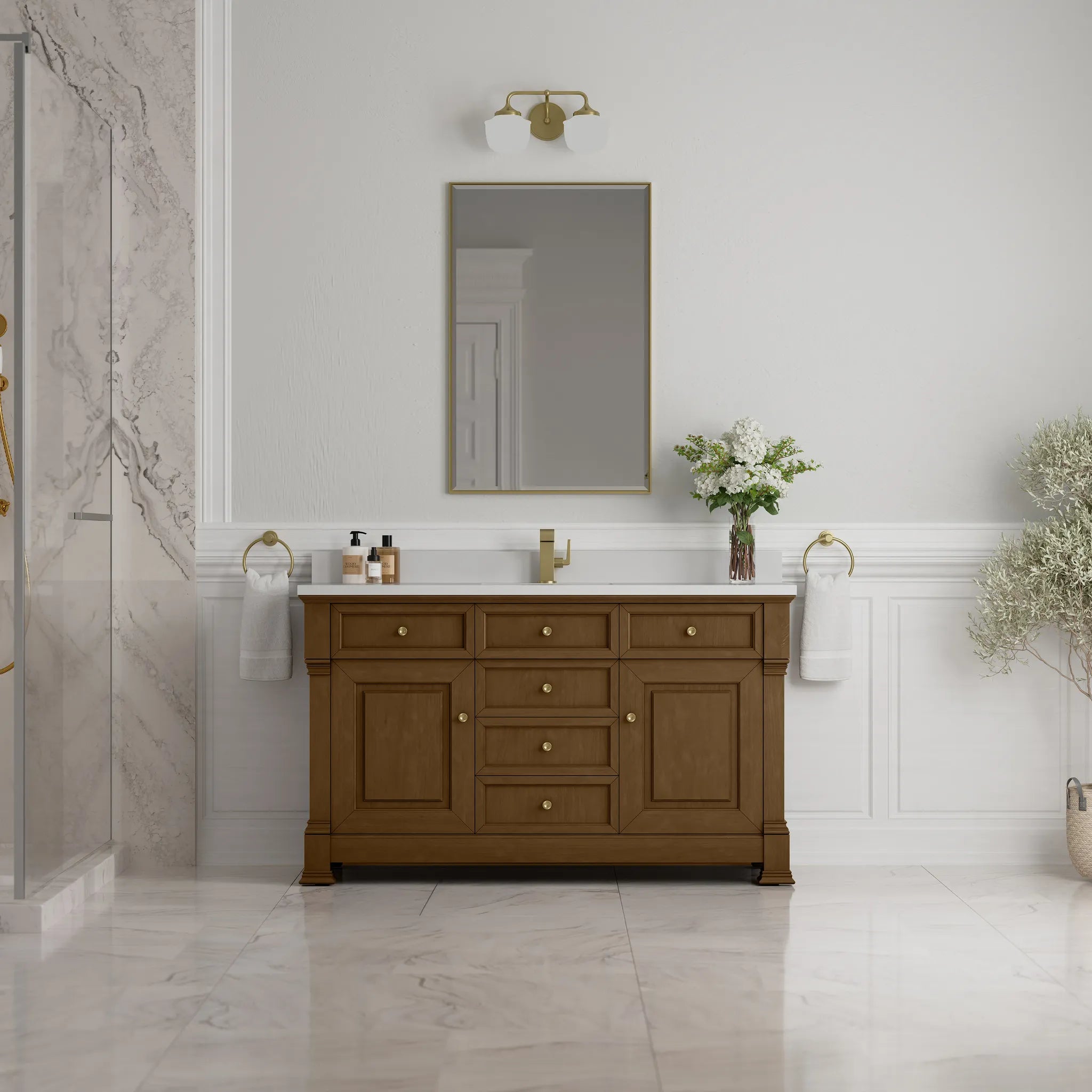 60" Brookfield Single Vanity in Honey Oak-White Zeus Silestone & Backsplash-Single Hole image 2