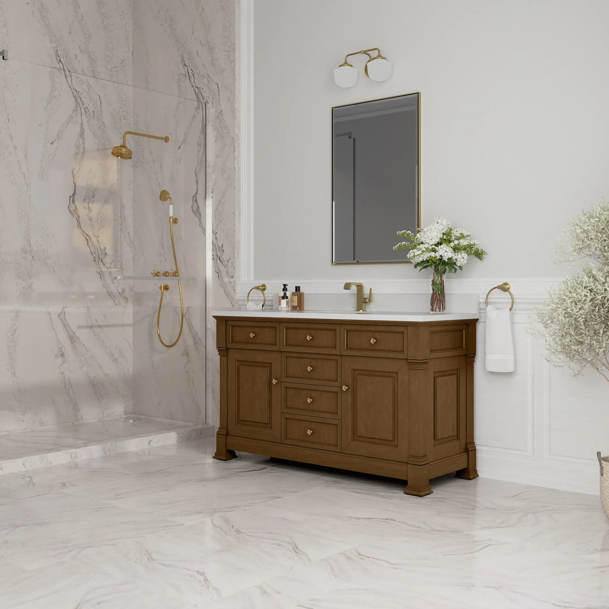 60" Brookfield Single Vanity in Honey Oak-White Zeus Silestone & Backsplash-Single Hole image 3
