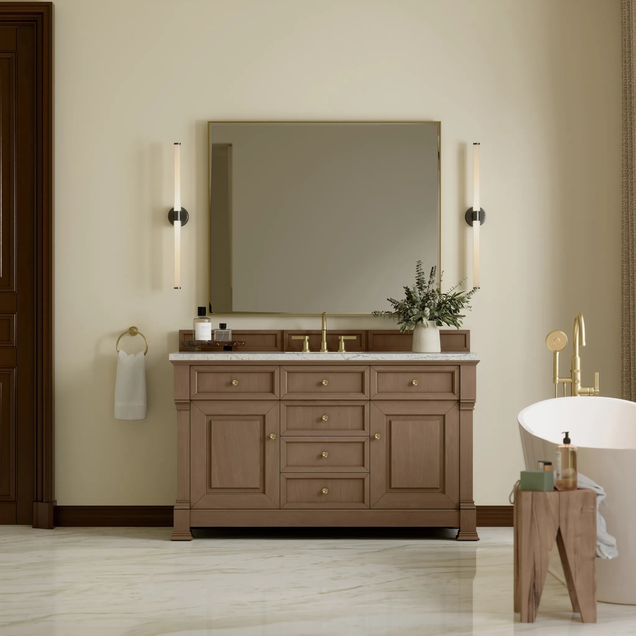 60" Brookfield Single Vanity in Pecan w/FreePower Wireless Charger-Eternal Jasmine Pearl Silestone-8" Widespread image 4